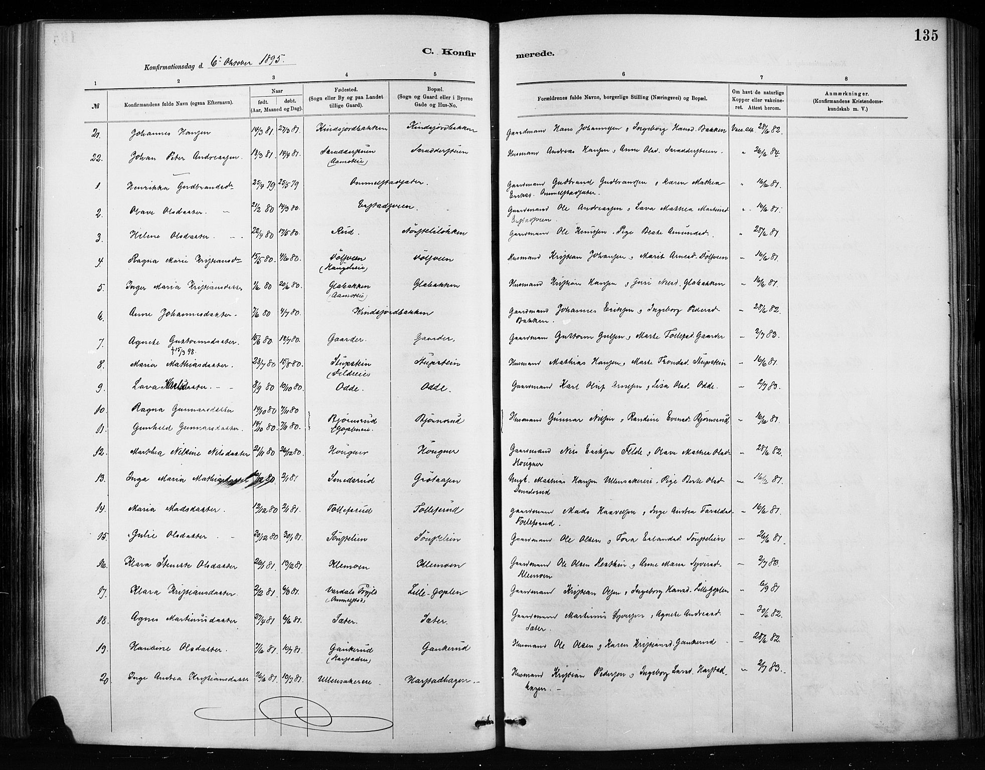 Nordre Land prestekontor, SAH/PREST-124/H/Ha/Haa/L0004: Parish register (official) no. 4, 1882-1896, p. 135