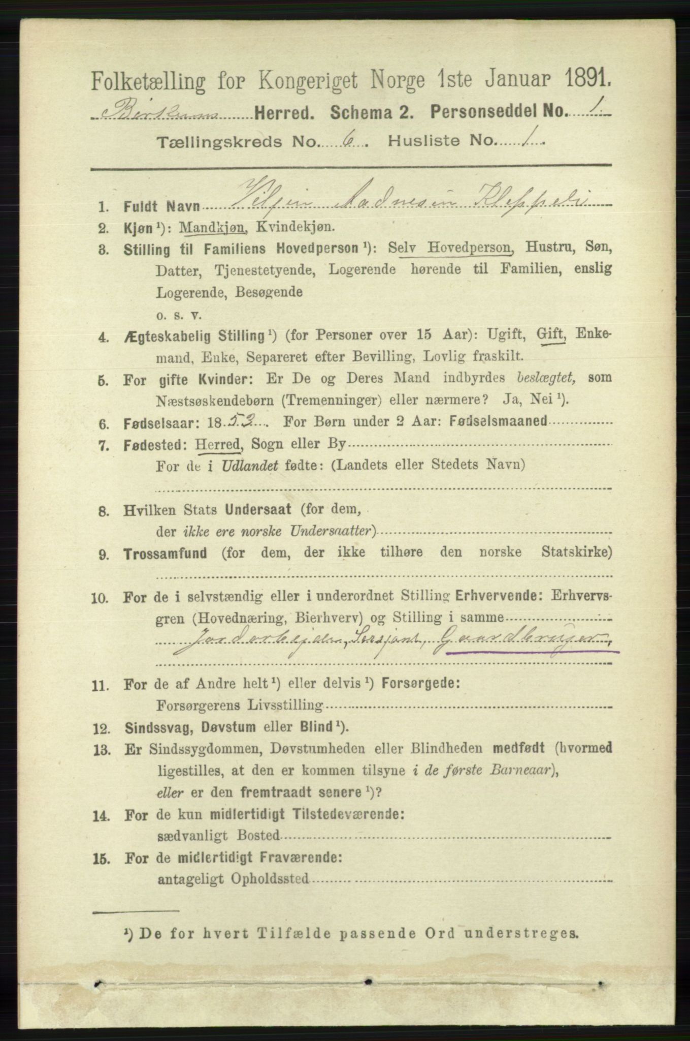 RA, 1891 census for 1114 Bjerkreim, 1891, p. 2054