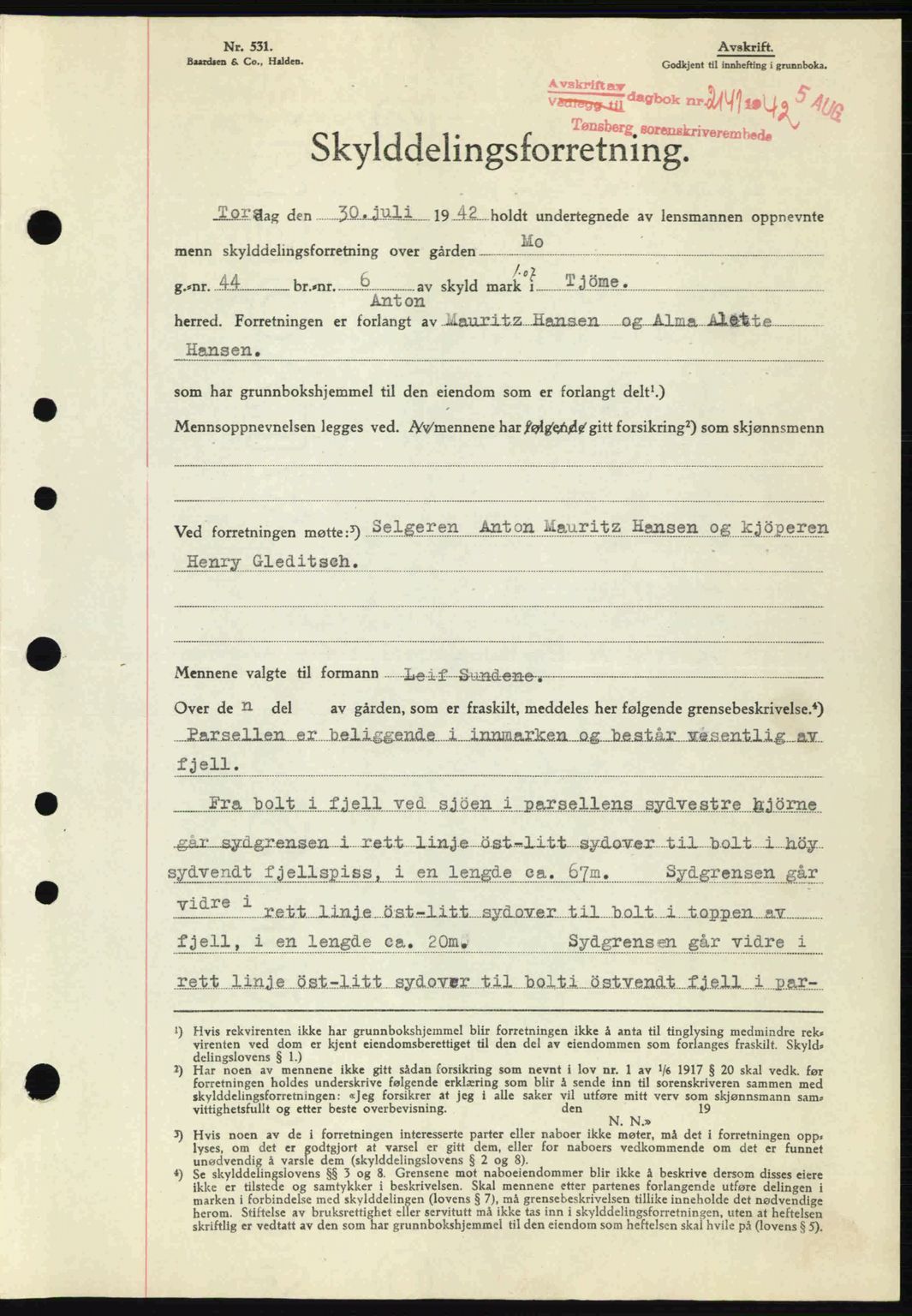 Tønsberg sorenskriveri, AV/SAKO-A-130/G/Ga/Gaa/L0012: Mortgage book no. A12, 1942-1943, Diary no: : 2141/1942