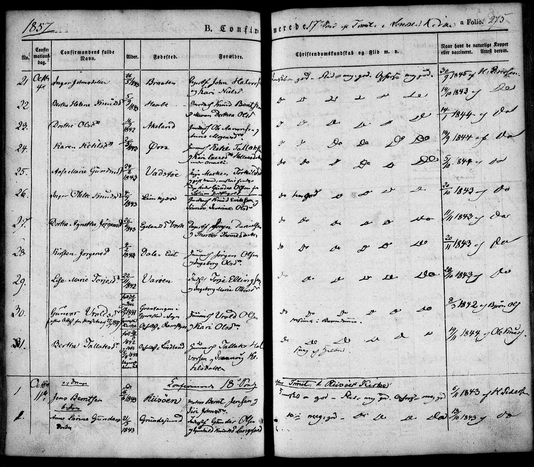 Søndeled sokneprestkontor, SAK/1111-0038/F/Fa/L0002: Parish register (official) no. A 2, 1839-1860, p. 275