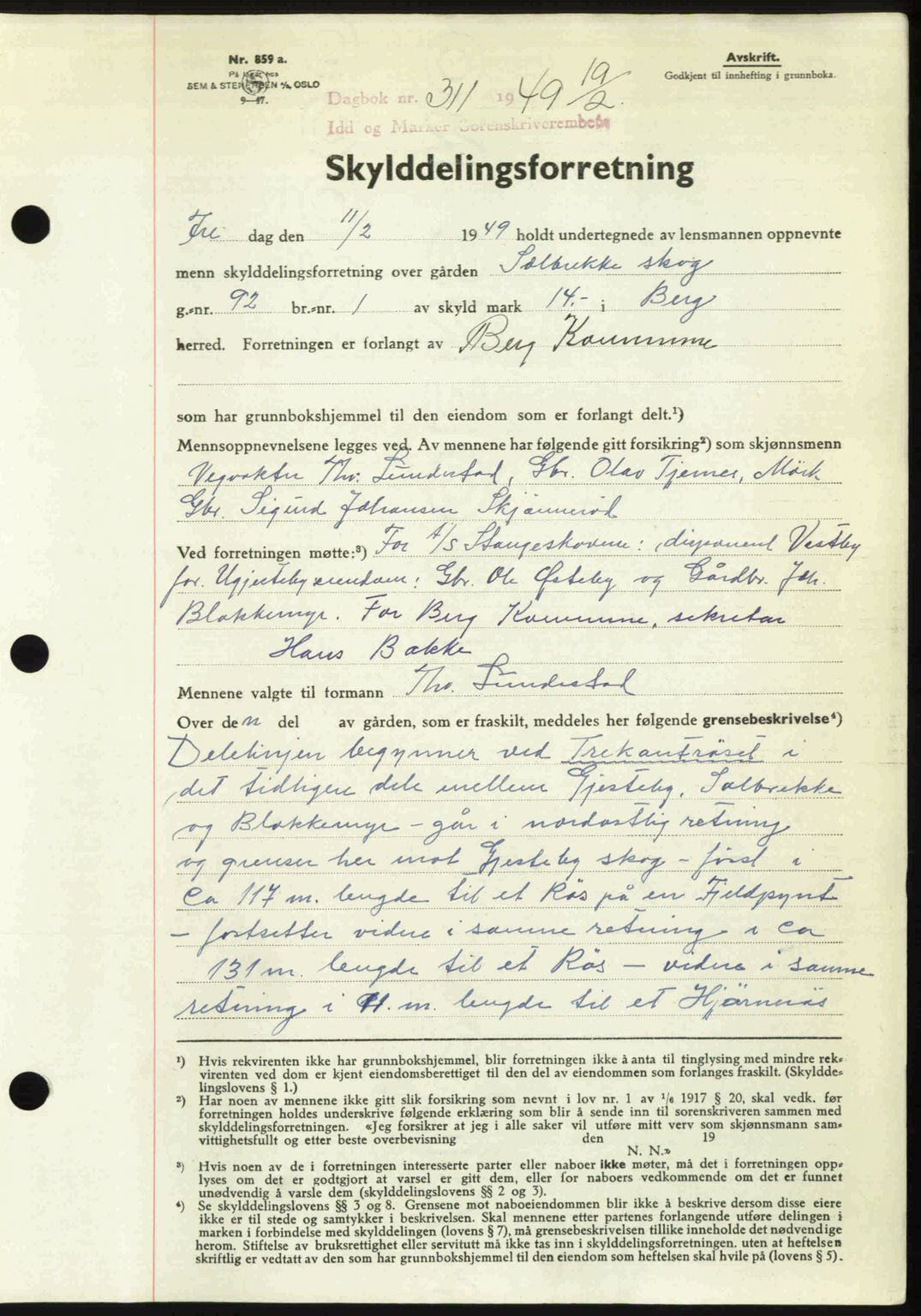 Idd og Marker sorenskriveri, AV/SAO-A-10283/G/Gb/Gbb/L0011: Mortgage book no. A11, 1948-1949, Diary no: : 311/1949