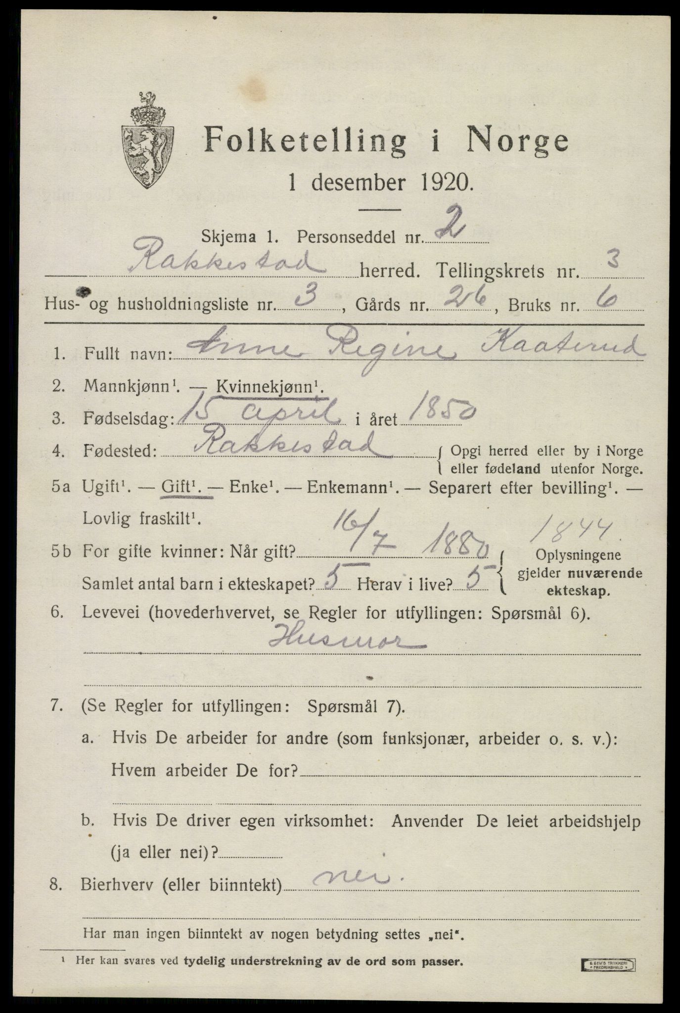 SAO, 1920 census for Rakkestad, 1920, p. 4453