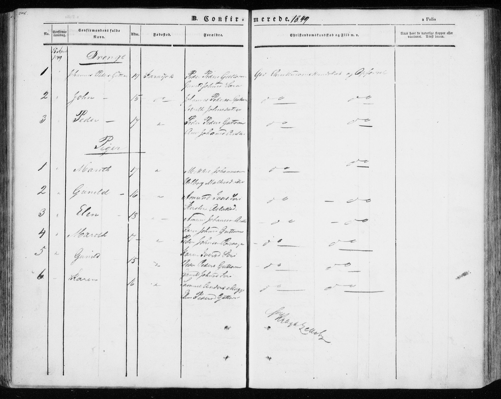 Kistrand/Porsanger sokneprestembete, SATØ/S-1351/H/Ha/L0012.kirke: Parish register (official) no. 12, 1843-1871, p. 208-209