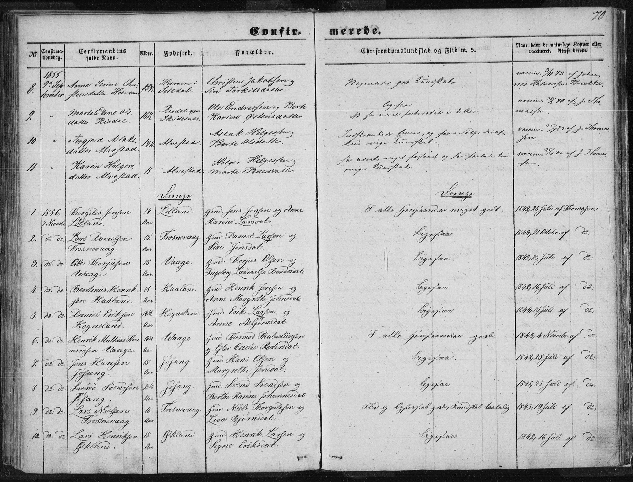 Tysvær sokneprestkontor, AV/SAST-A -101864/H/Ha/Haa/L0002: Parish register (official) no. A 2, 1847-1856, p. 70