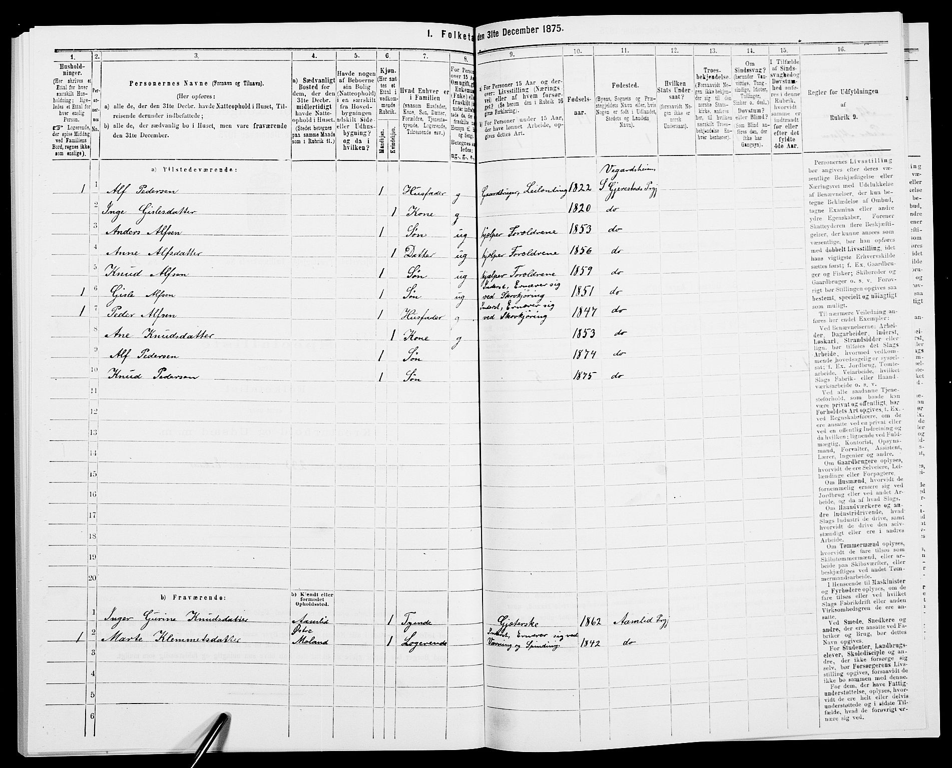 SAK, 1875 census for 0911P Gjerstad, 1875, p. 1358