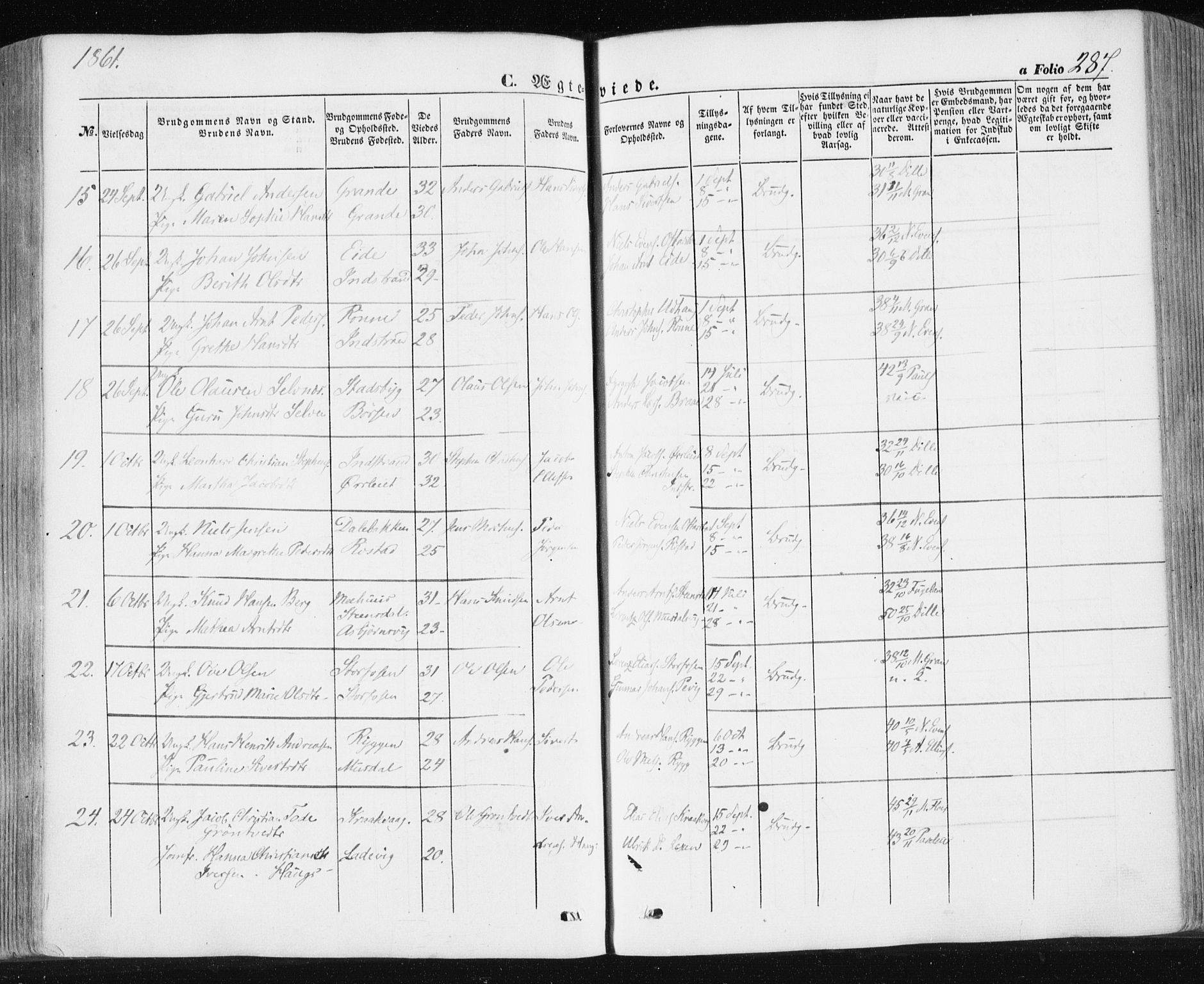 Ministerialprotokoller, klokkerbøker og fødselsregistre - Sør-Trøndelag, SAT/A-1456/659/L0737: Parish register (official) no. 659A07, 1857-1875, p. 287