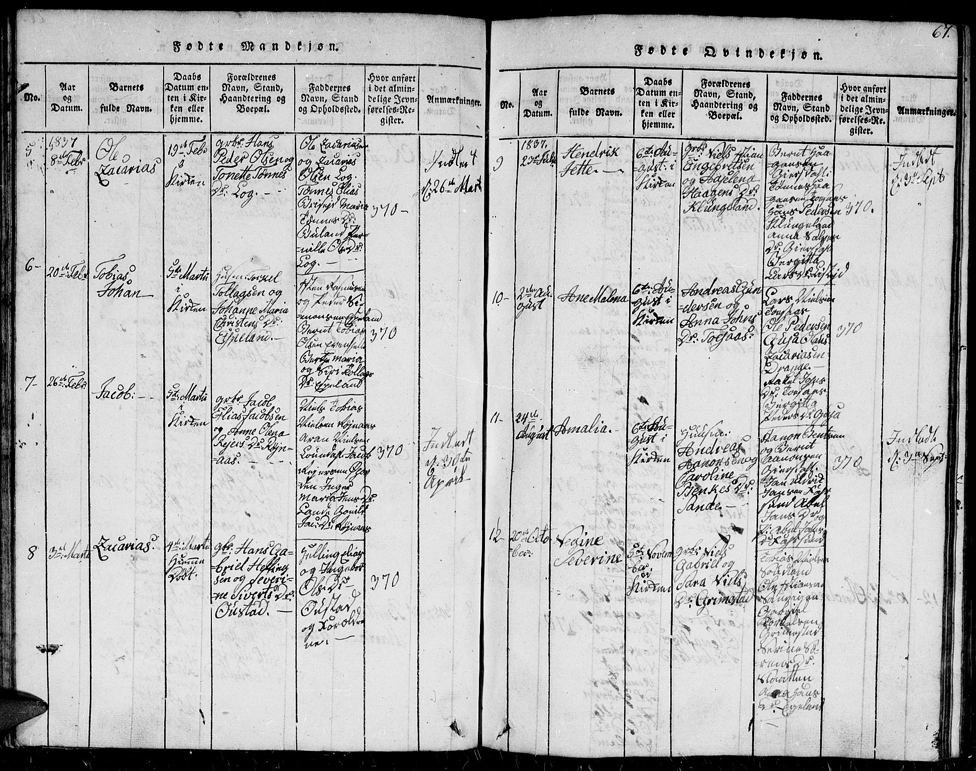 Herad sokneprestkontor, AV/SAK-1111-0018/F/Fb/Fba/L0001: Parish register (copy) no. B 1, 1815-1852, p. 67