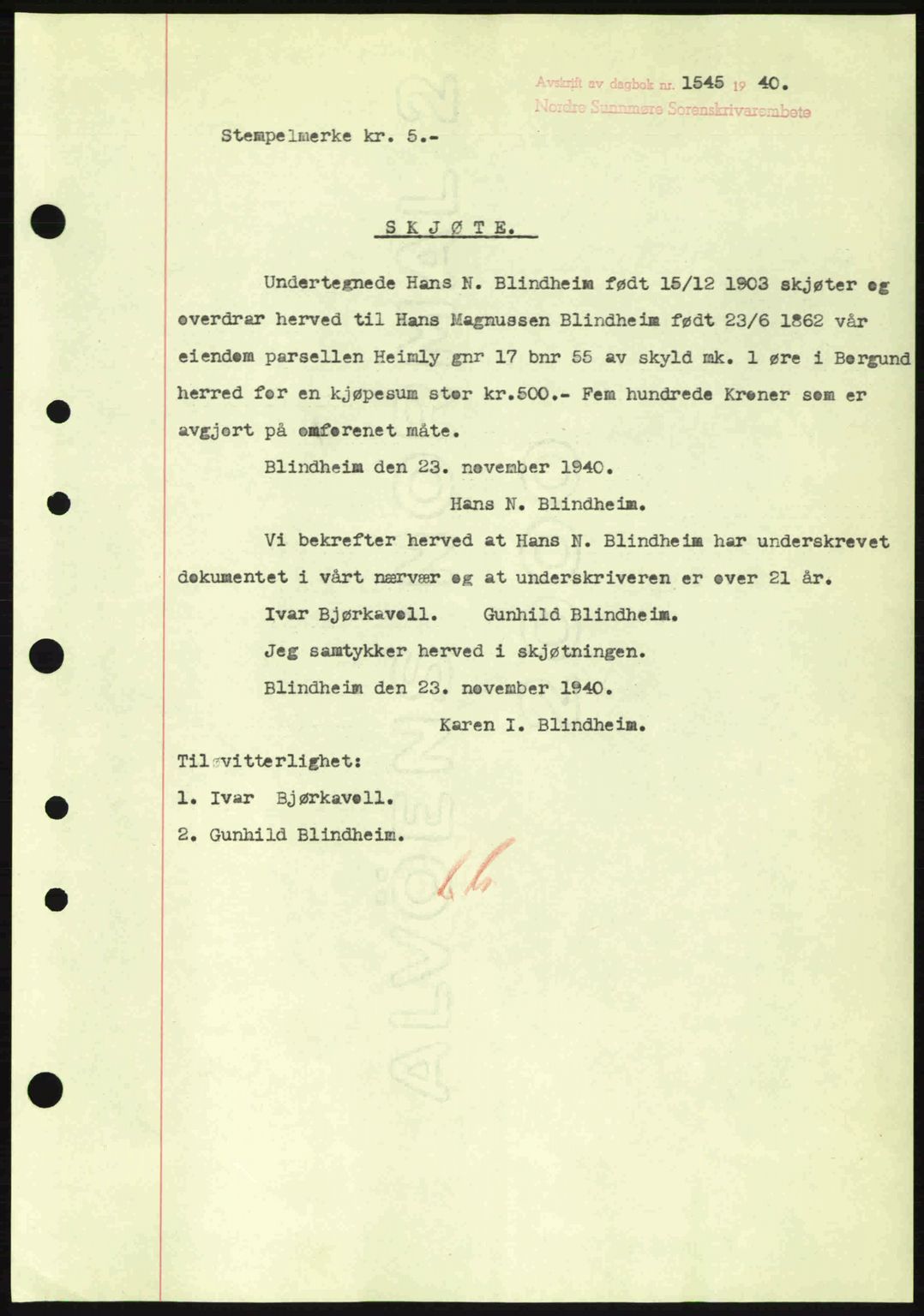 Nordre Sunnmøre sorenskriveri, AV/SAT-A-0006/1/2/2C/2Ca: Mortgage book no. A10, 1940-1941, Diary no: : 1545/1940