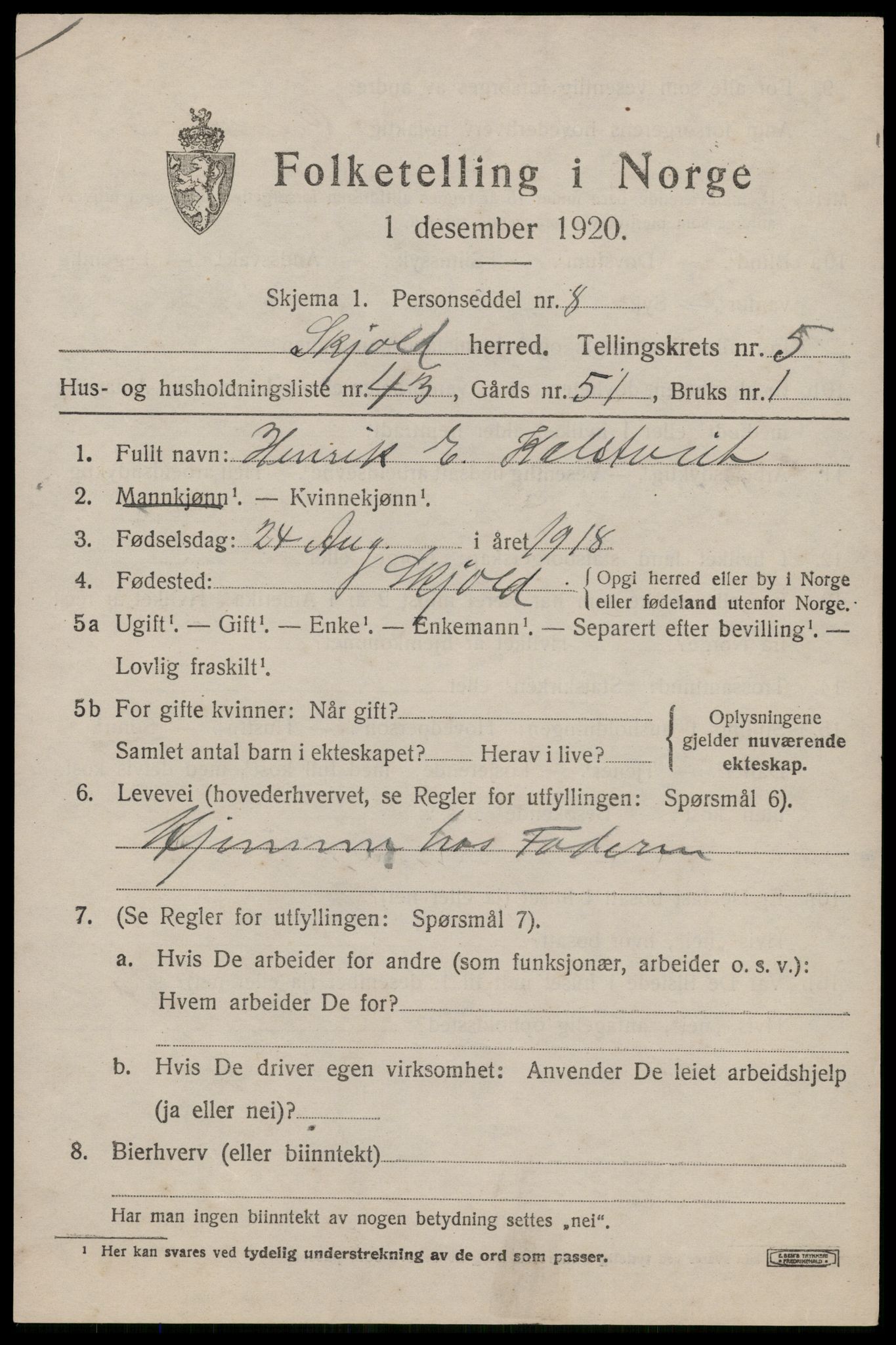 SAST, 1920 census for Skjold, 1920, p. 3158