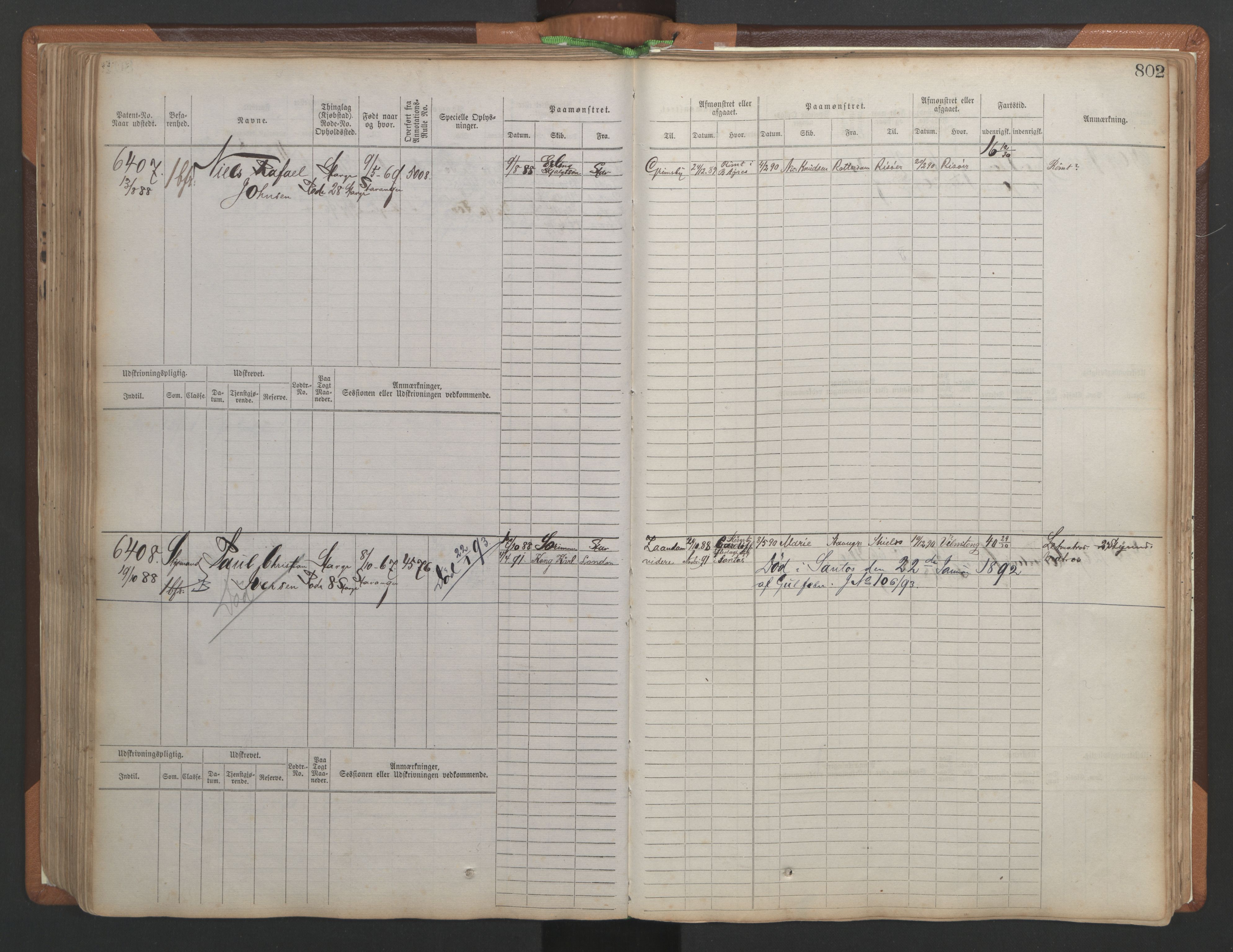 Stavanger sjømannskontor, AV/SAST-A-102006/F/Fb/Fbb/L0010: Sjøfartshovedrulle, patentnr. 6007-6606 (del 1), 1887-1896, p. 206