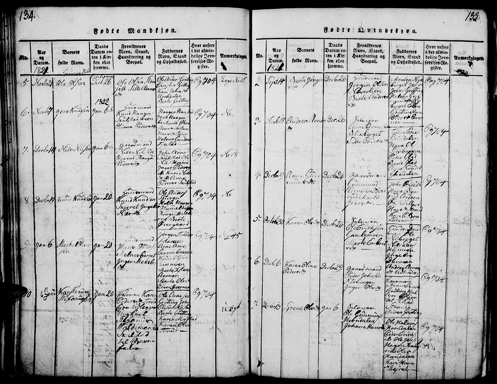 Elverum prestekontor, AV/SAH-PREST-044/H/Ha/Haa/L0007: Parish register (official) no. 7, 1815-1830, p. 134-135