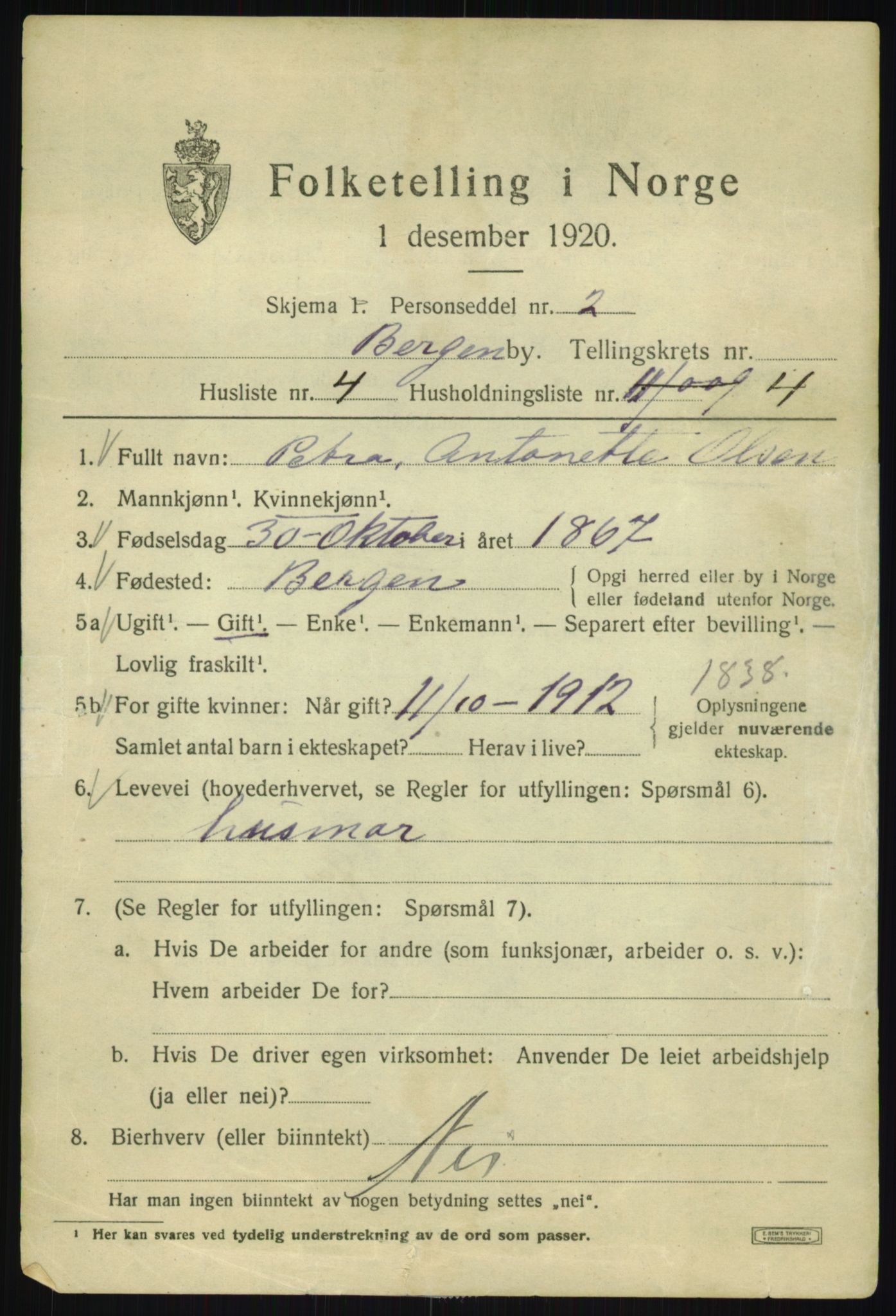 SAB, 1920 census for Bergen, 1920, p. 247421