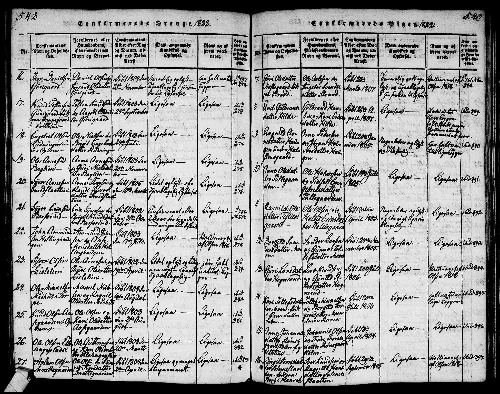 Ål kirkebøker, AV/SAKO-A-249/G/Ga/L0001: Parish register (copy) no. 1, 1815-1829, p. 542-543