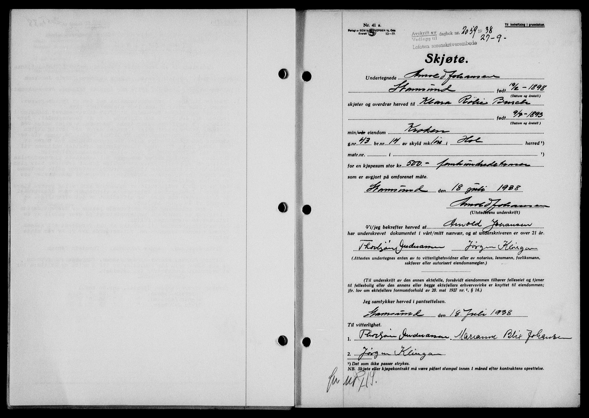 Lofoten sorenskriveri, SAT/A-0017/1/2/2C/L0004a: Mortgage book no. 4a, 1938-1938, Diary no: : 2059/1938