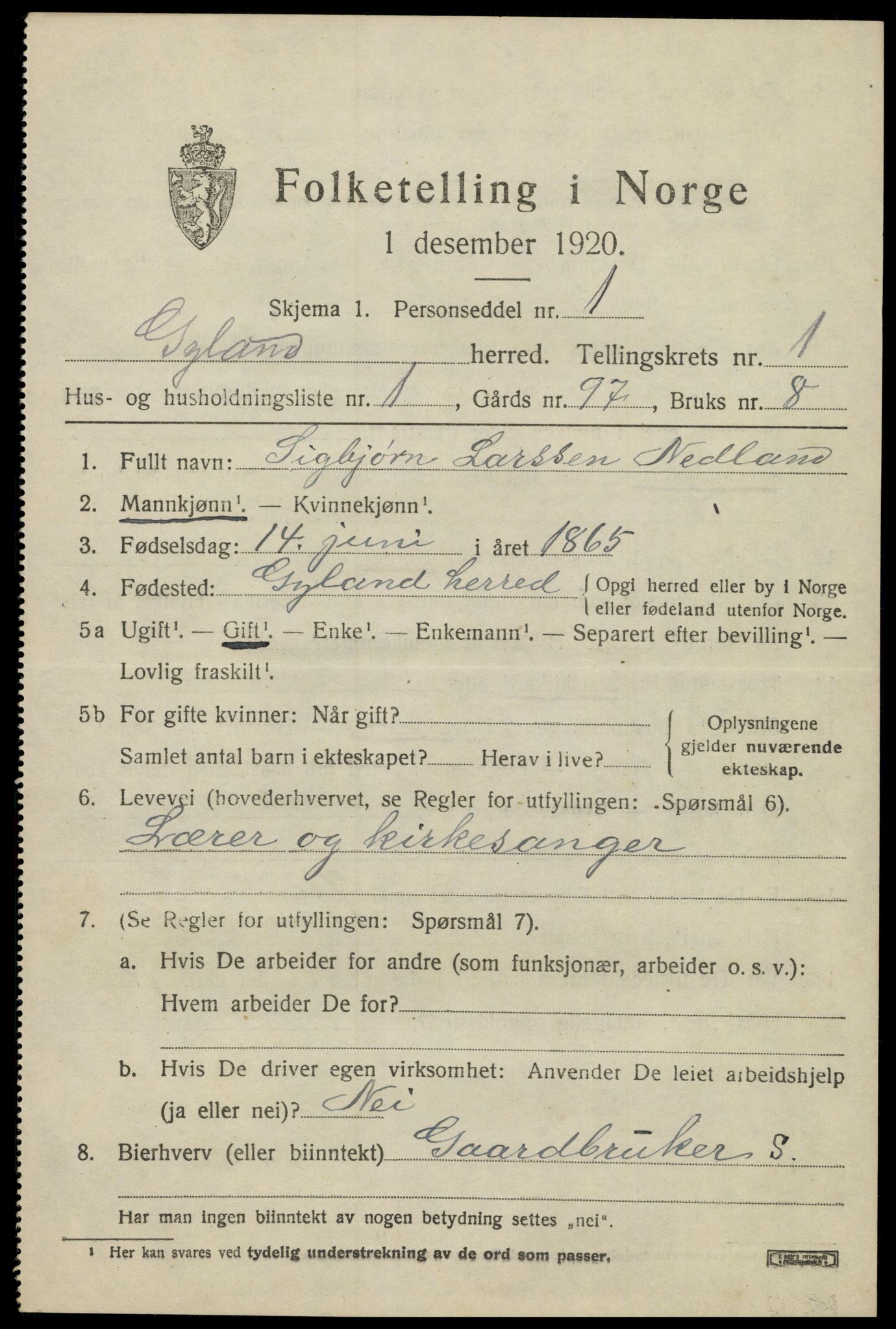 SAK, 1920 census for Gyland, 1920, p. 452