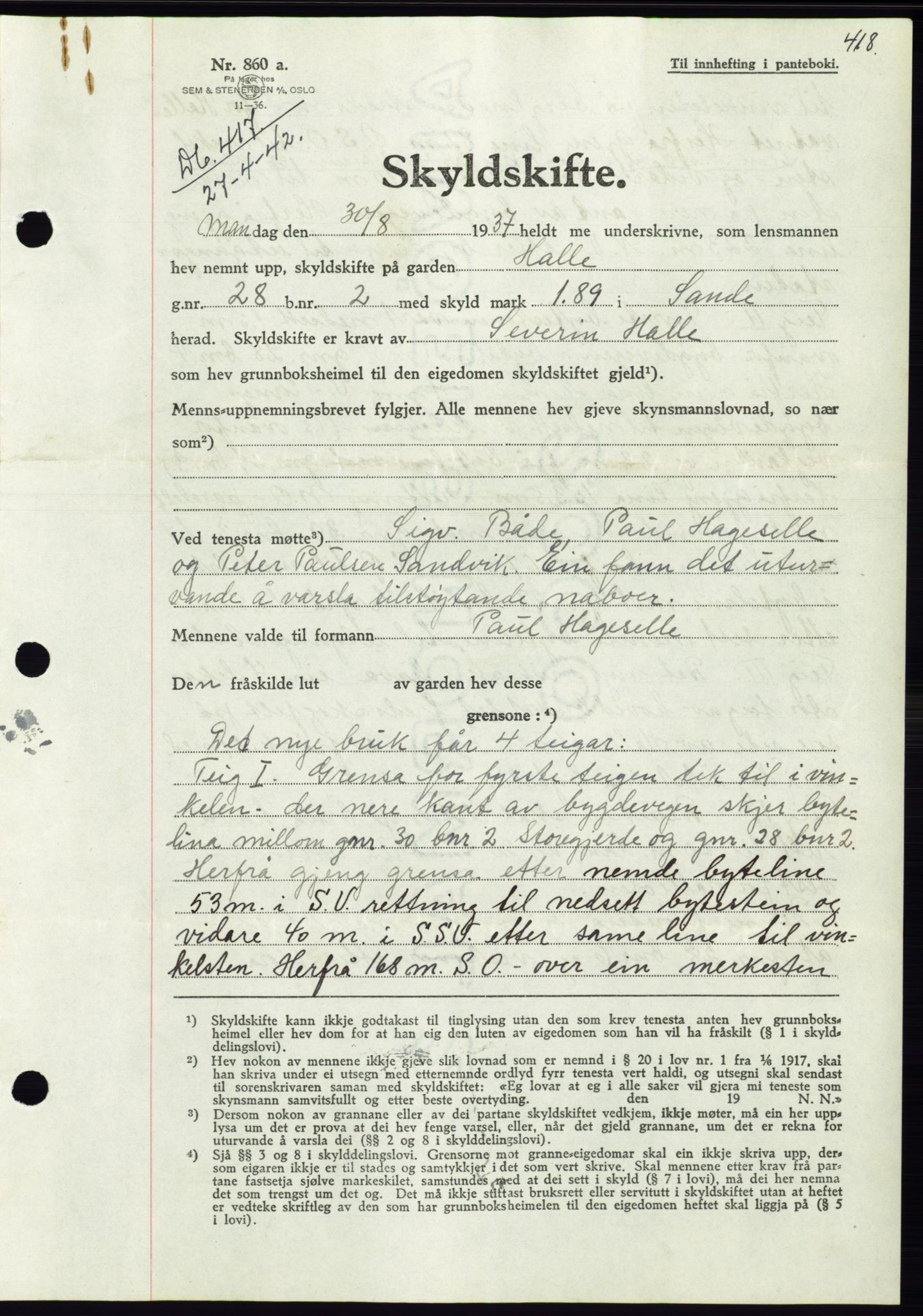 Søre Sunnmøre sorenskriveri, AV/SAT-A-4122/1/2/2C/L0073: Mortgage book no. 67, 1941-1942, Diary no: : 417/1942