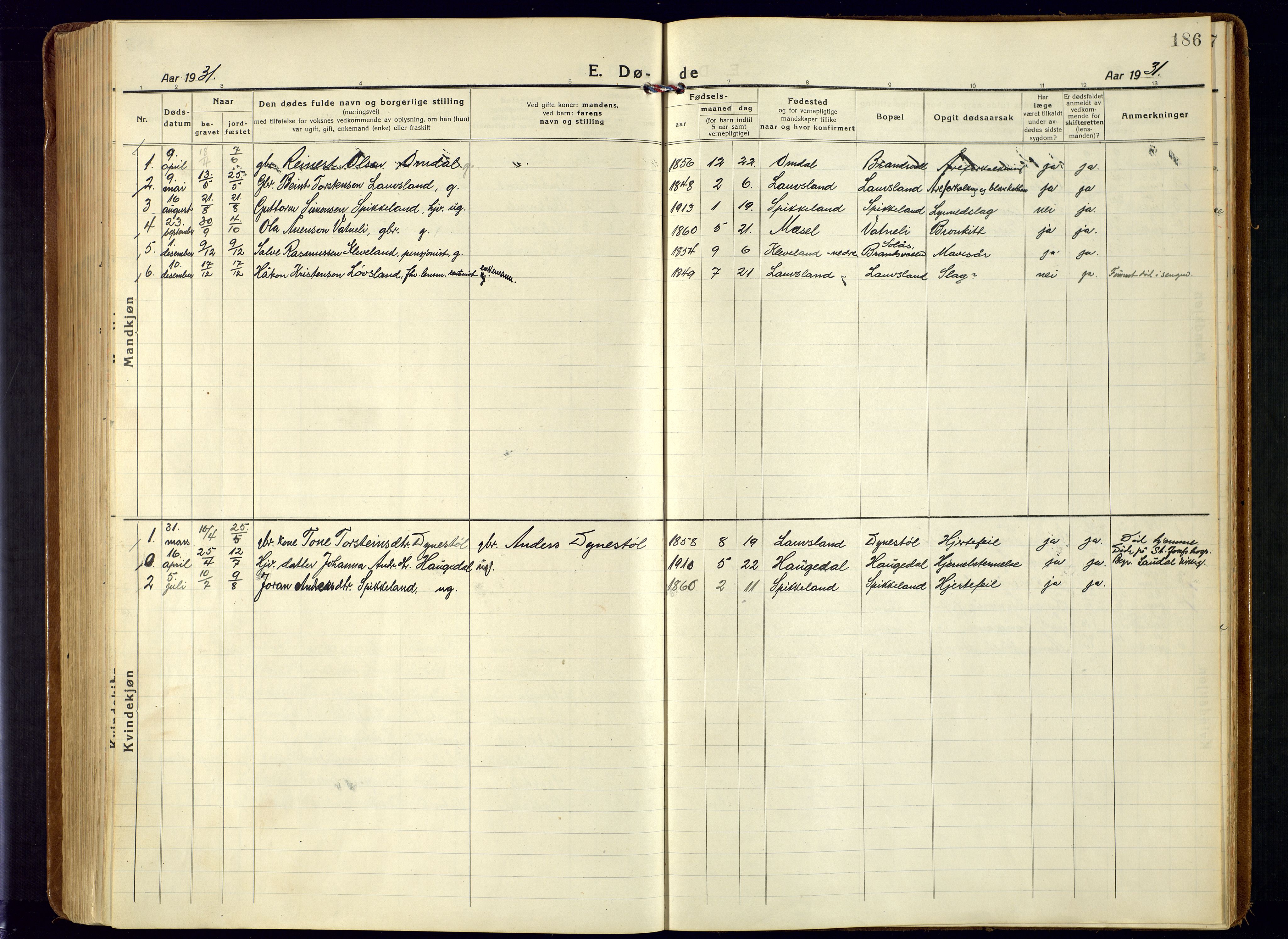 Bjelland sokneprestkontor, SAK/1111-0005/F/Fa/Fab/L0005: Parish register (official) no. A 5, 1921-1951, p. 186