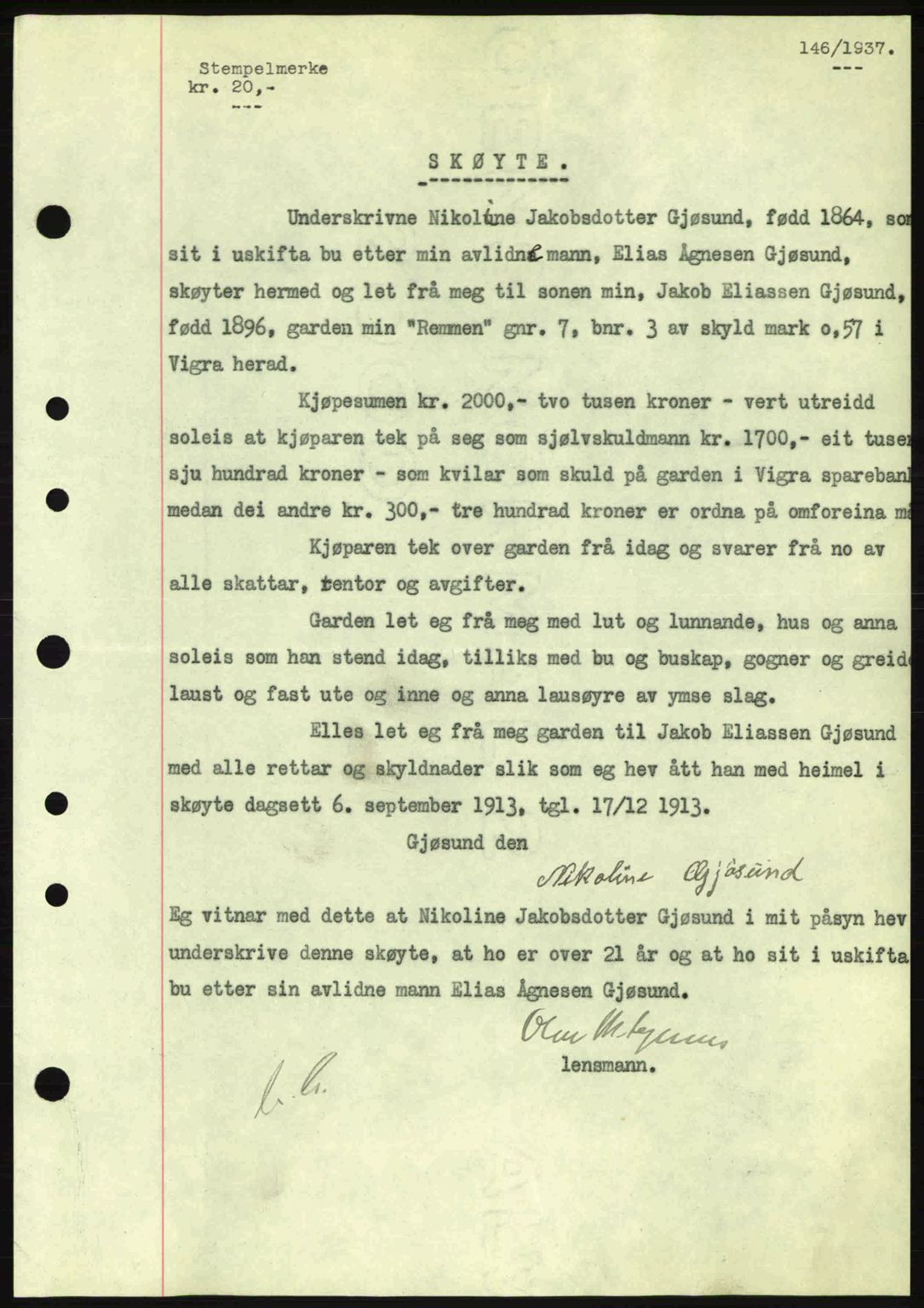 Nordre Sunnmøre sorenskriveri, AV/SAT-A-0006/1/2/2C/2Ca: Mortgage book no. A2, 1936-1937, Diary no: : 146/1937