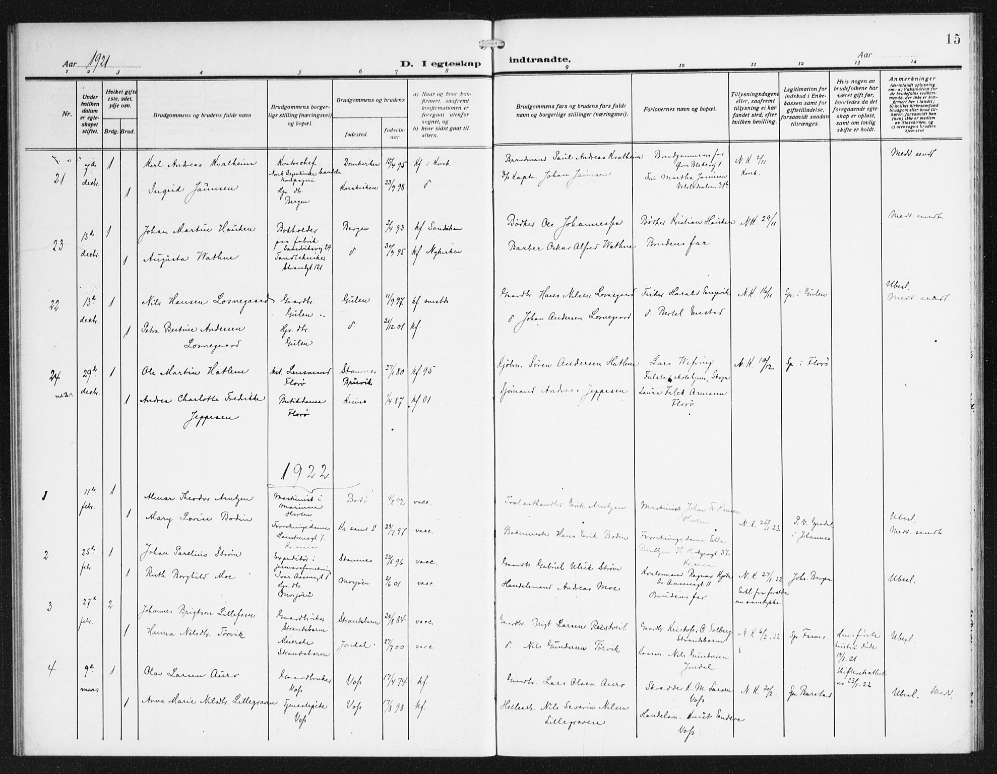 Domkirken sokneprestembete, SAB/A-74801/H/Haa/L0067: Curate's parish register no. A 5, 1915-1934, p. 15