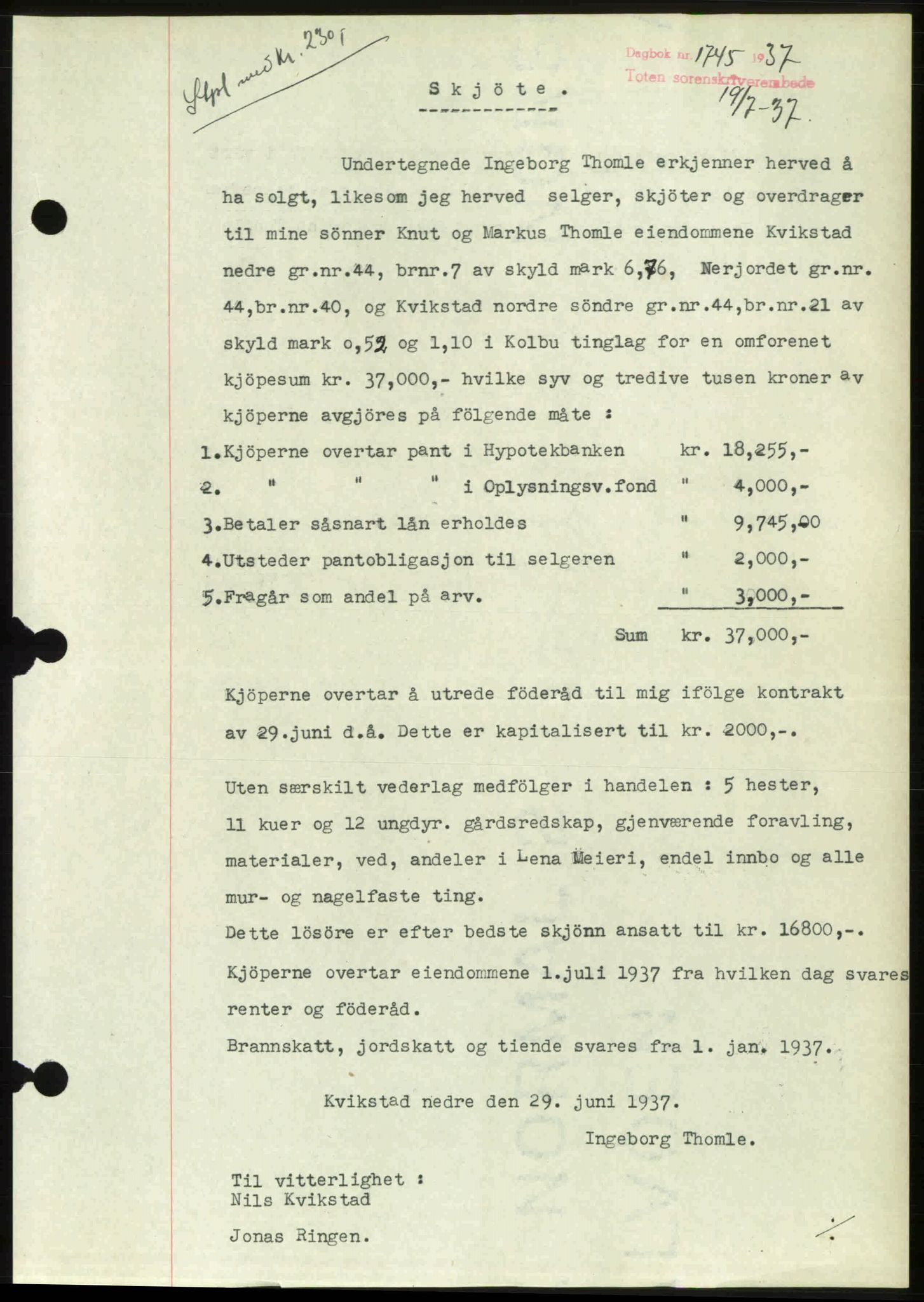 Toten tingrett, SAH/TING-006/H/Hb/Hbc/L0003: Mortgage book no. Hbc-03, 1937-1938, Diary no: : 1745/1937