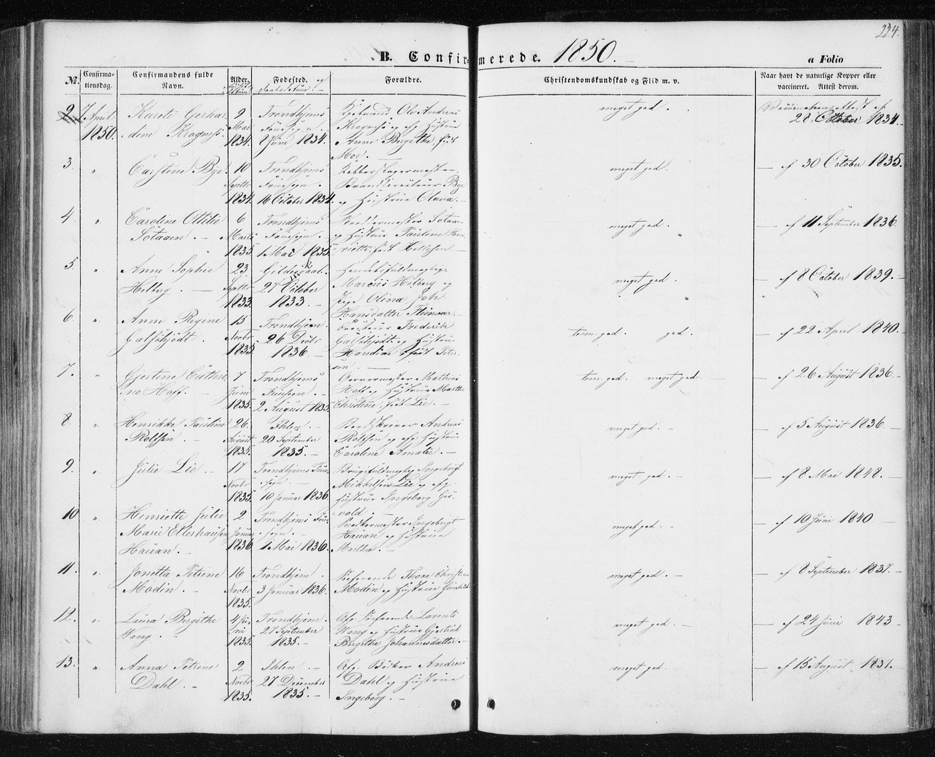 Ministerialprotokoller, klokkerbøker og fødselsregistre - Sør-Trøndelag, AV/SAT-A-1456/602/L0112: Parish register (official) no. 602A10, 1848-1859, p. 224