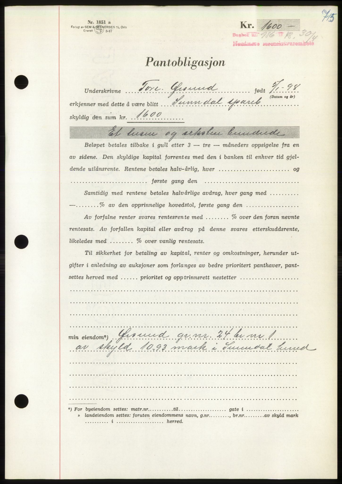 Nordmøre sorenskriveri, AV/SAT-A-4132/1/2/2Ca: Mortgage book no. B98, 1948-1948, Diary no: : 986/1948