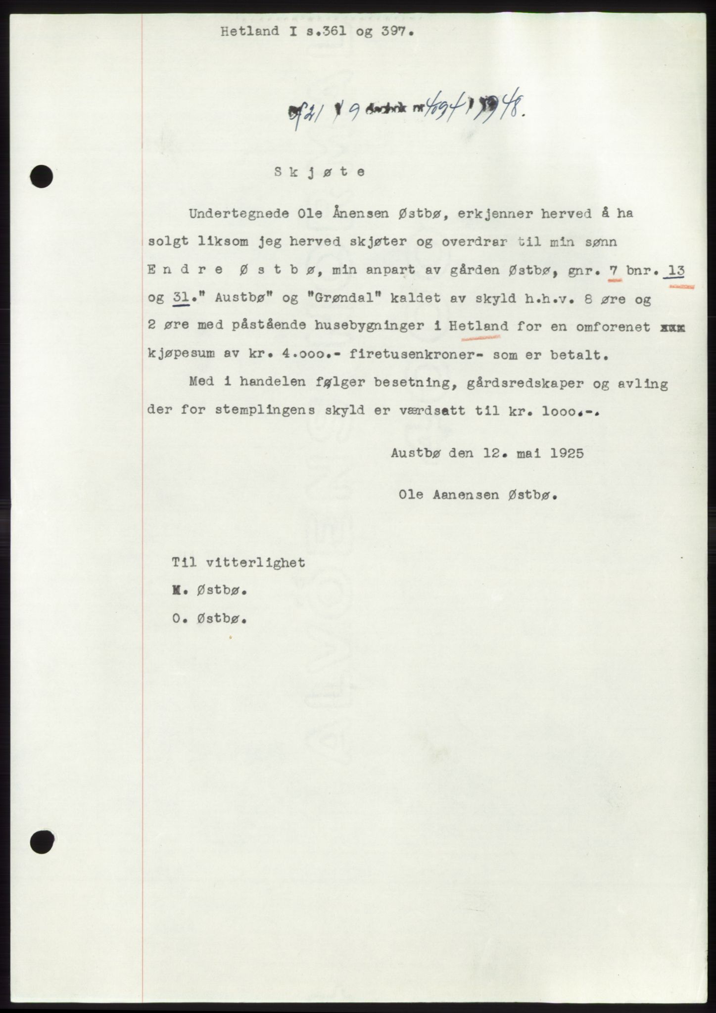 Jæren sorenskriveri, AV/SAST-A-100310/03/G/Gba/L0100: Mortgage book, 1948-1948, Diary no: : 4094/1948