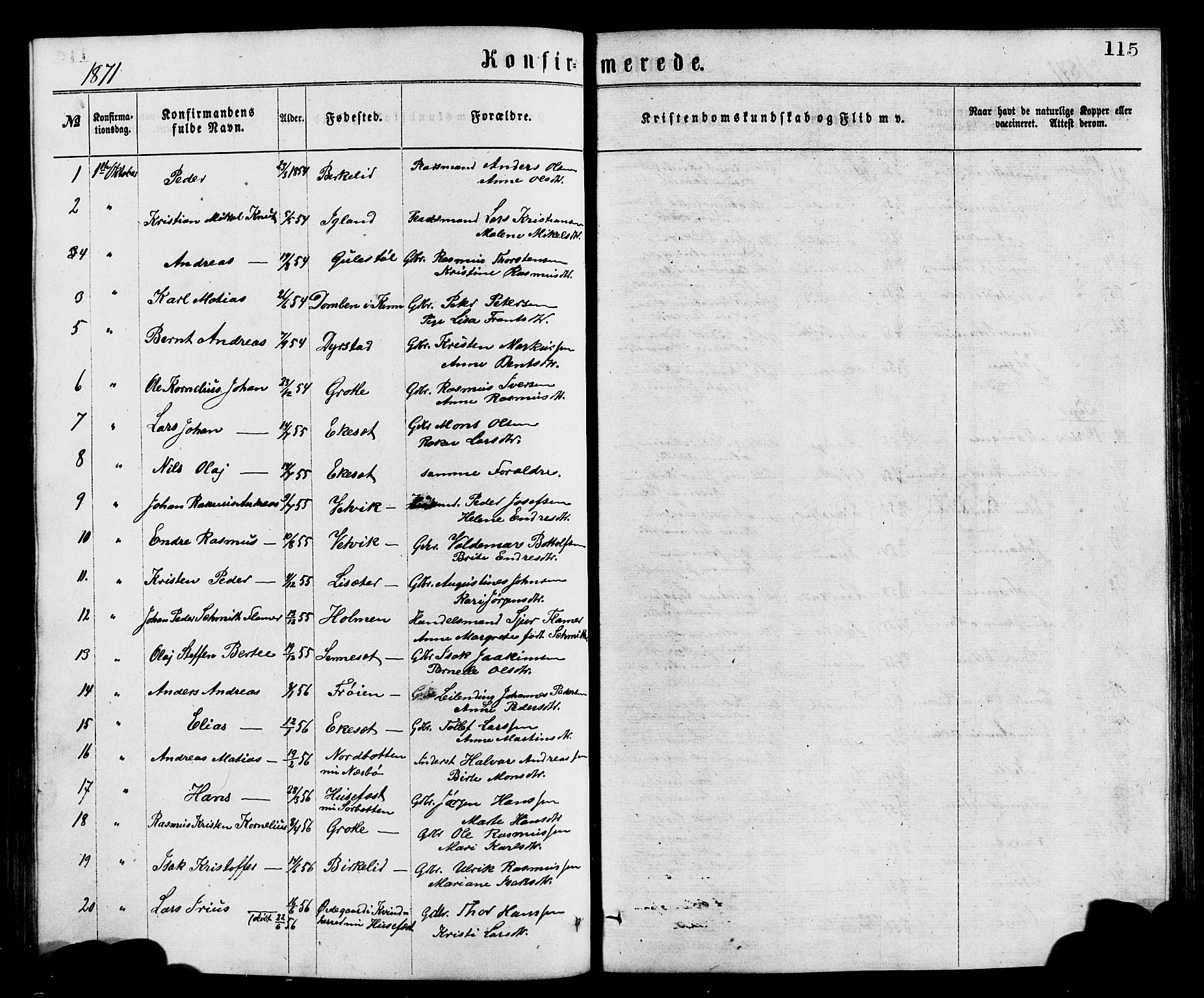 Bremanger sokneprestembete, SAB/A-82201/H/Hab/Haba/L0002: Parish register (copy) no. A 2, 1866-1889, p. 115