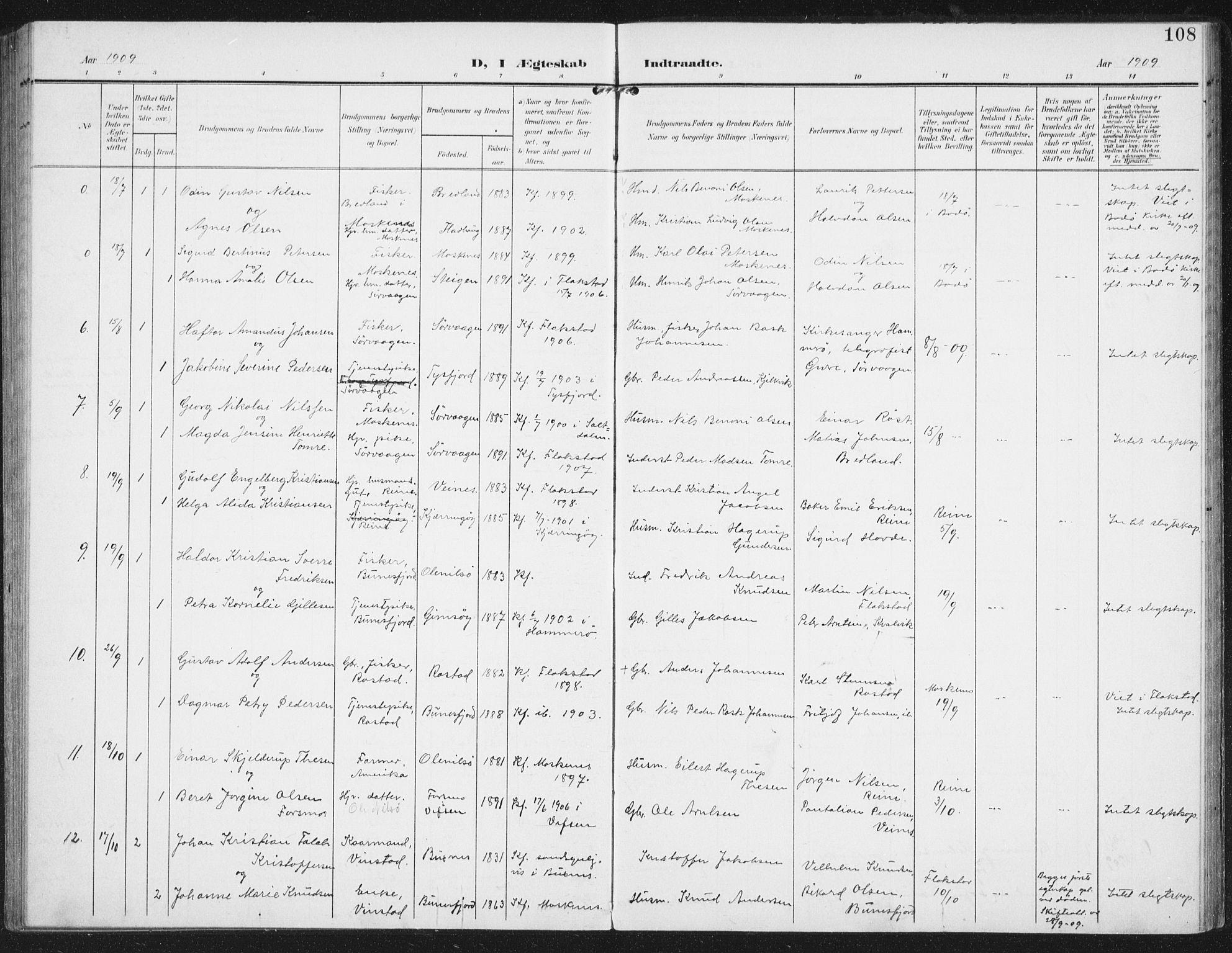 Ministerialprotokoller, klokkerbøker og fødselsregistre - Nordland, SAT/A-1459/886/L1221: Parish register (official) no. 886A03, 1903-1913, p. 108