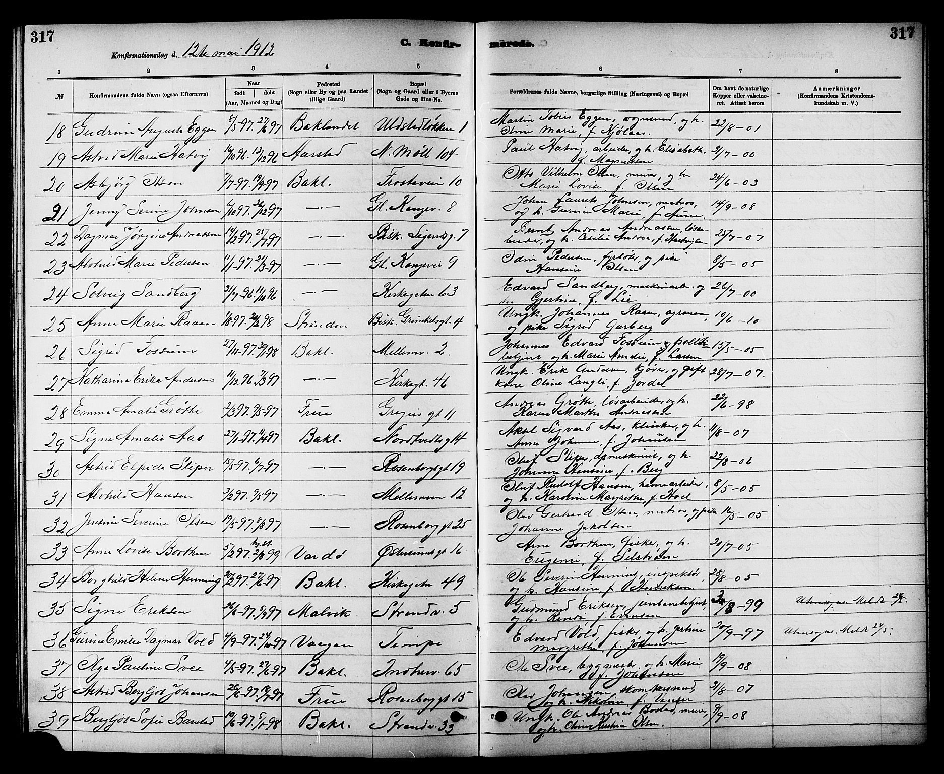 Ministerialprotokoller, klokkerbøker og fødselsregistre - Sør-Trøndelag, AV/SAT-A-1456/605/L0254: Parish register (copy) no. 605C01, 1908-1916, p. 317