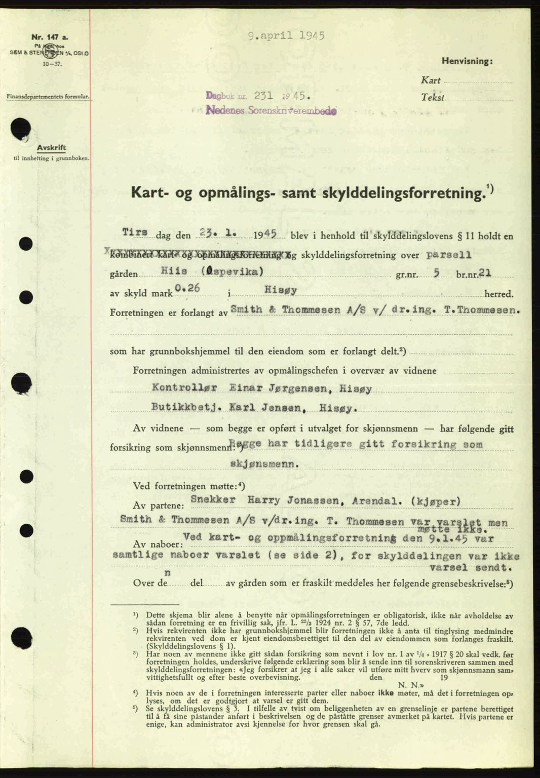Nedenes sorenskriveri, SAK/1221-0006/G/Gb/Gba/L0052: Mortgage book no. A6a, 1944-1945, Diary no: : 231/1945