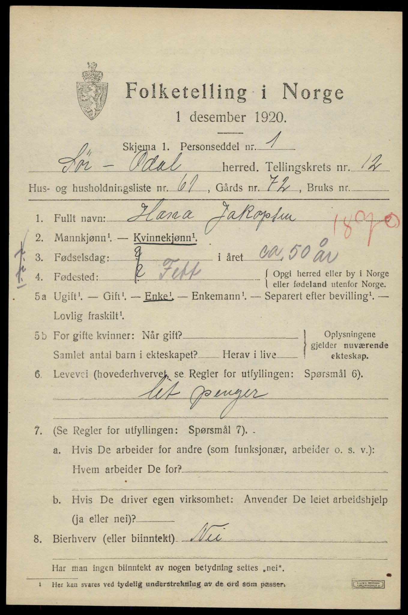 SAH, 1920 census for Sør-Odal, 1920, p. 12929