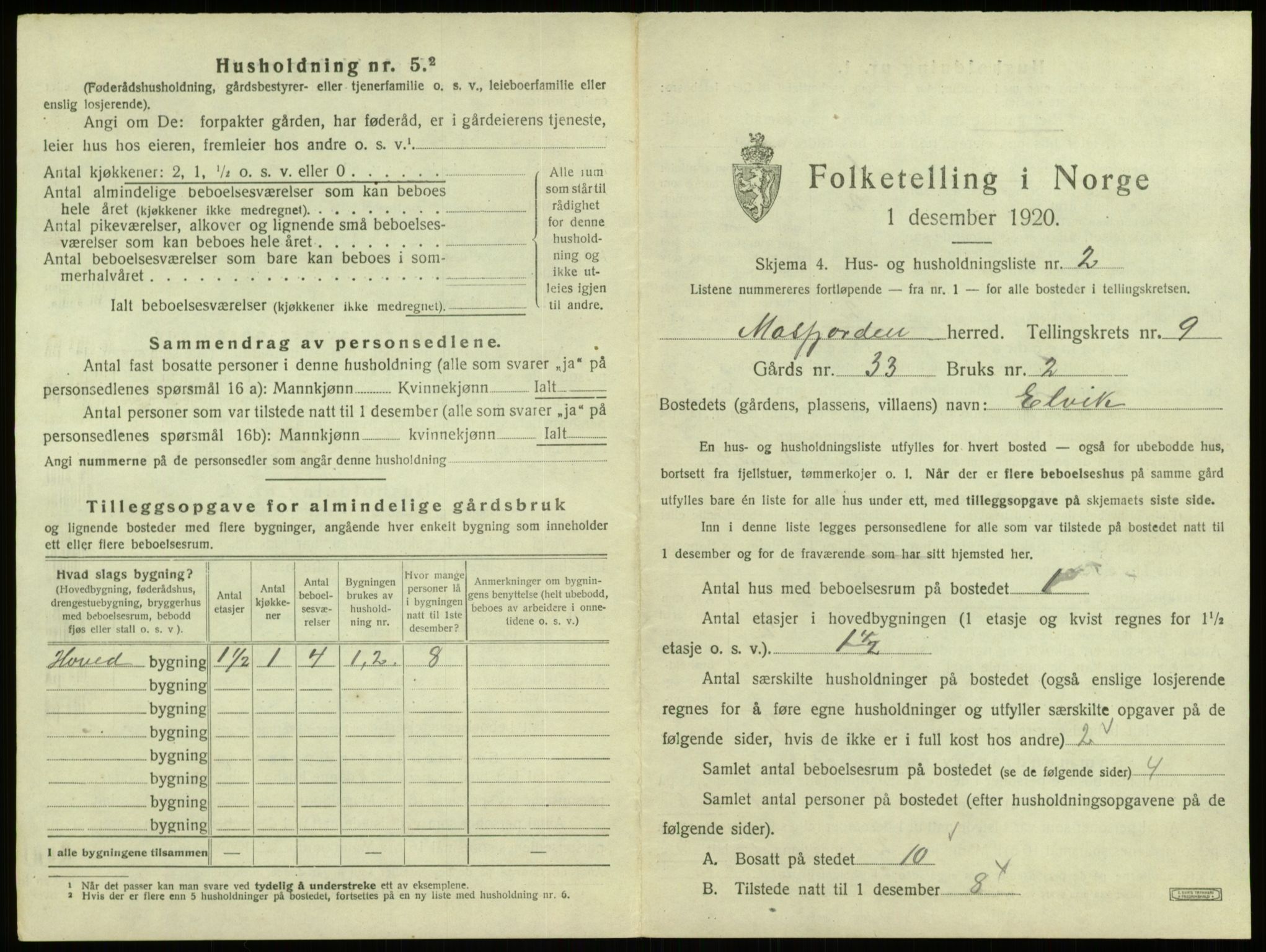 SAB, 1920 census for Masfjorden, 1920, p. 428