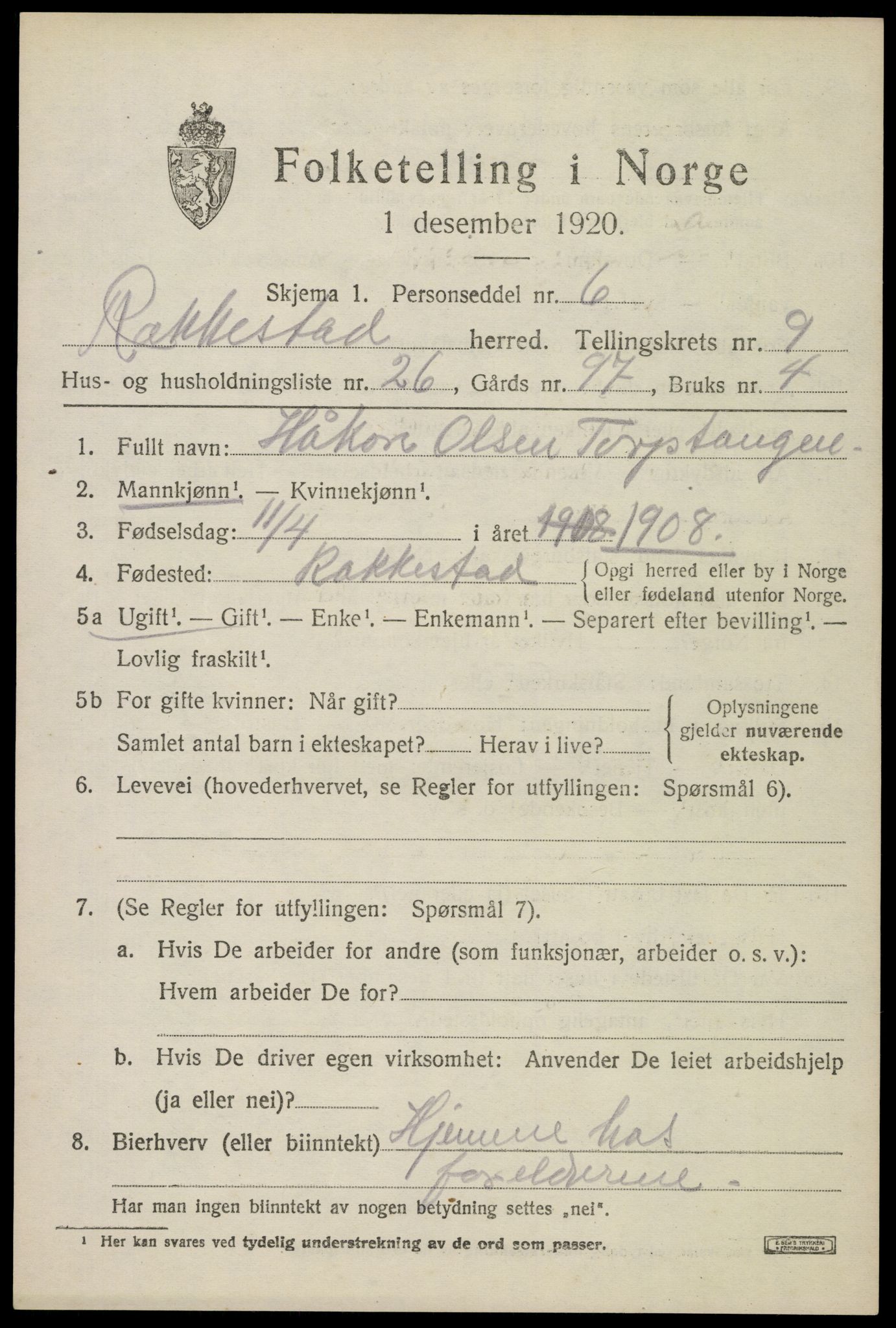 SAO, 1920 census for Rakkestad, 1920, p. 8497