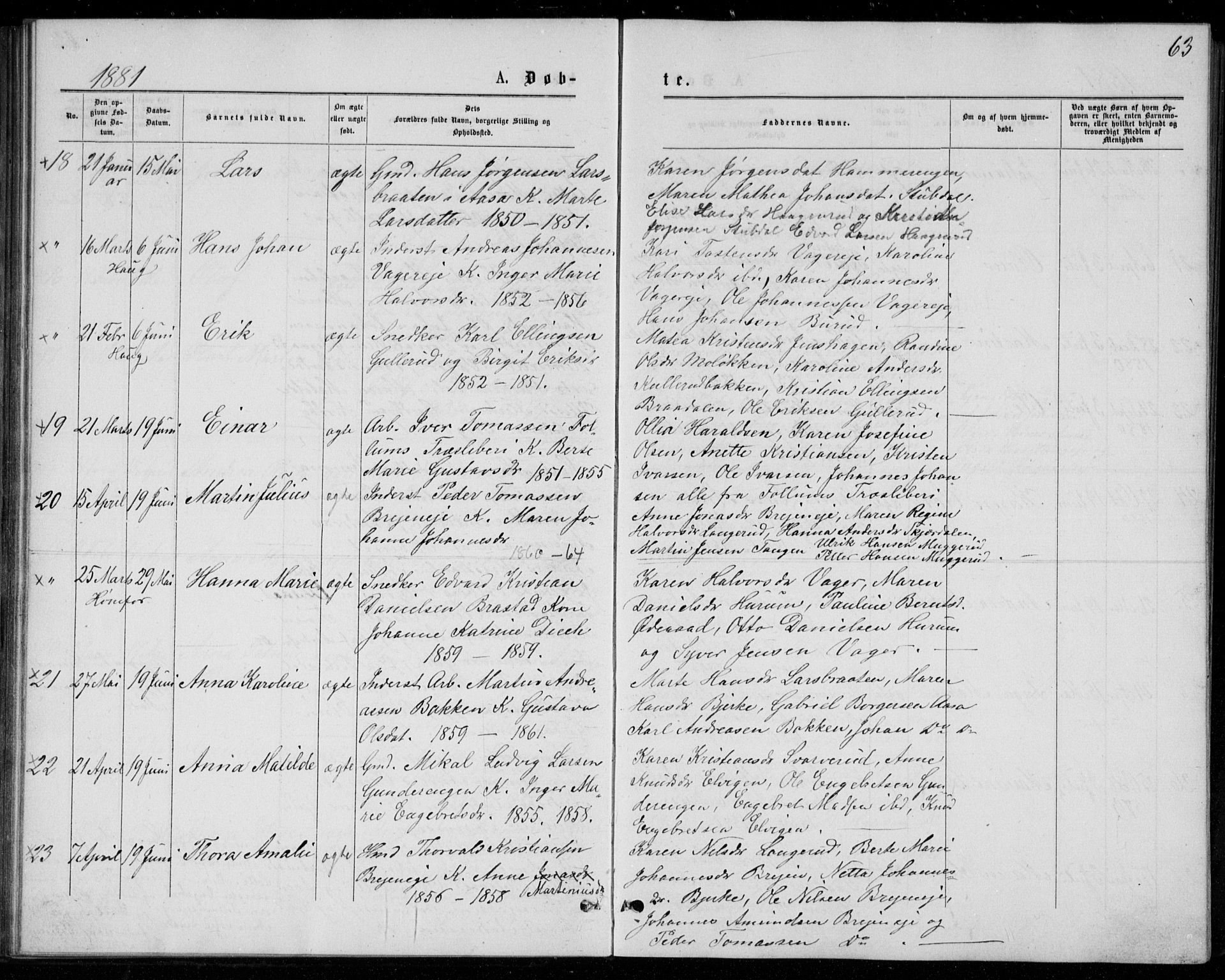 Norderhov kirkebøker, AV/SAKO-A-237/G/Ga/L0007: Parish register (copy) no. I 7, 1877-1887, p. 63