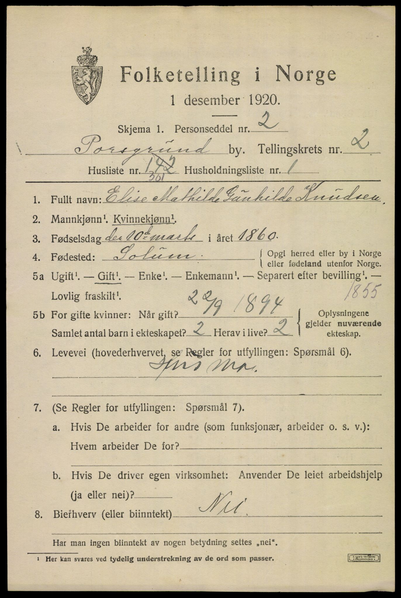 SAKO, 1920 census for Porsgrunn, 1920, p. 14437