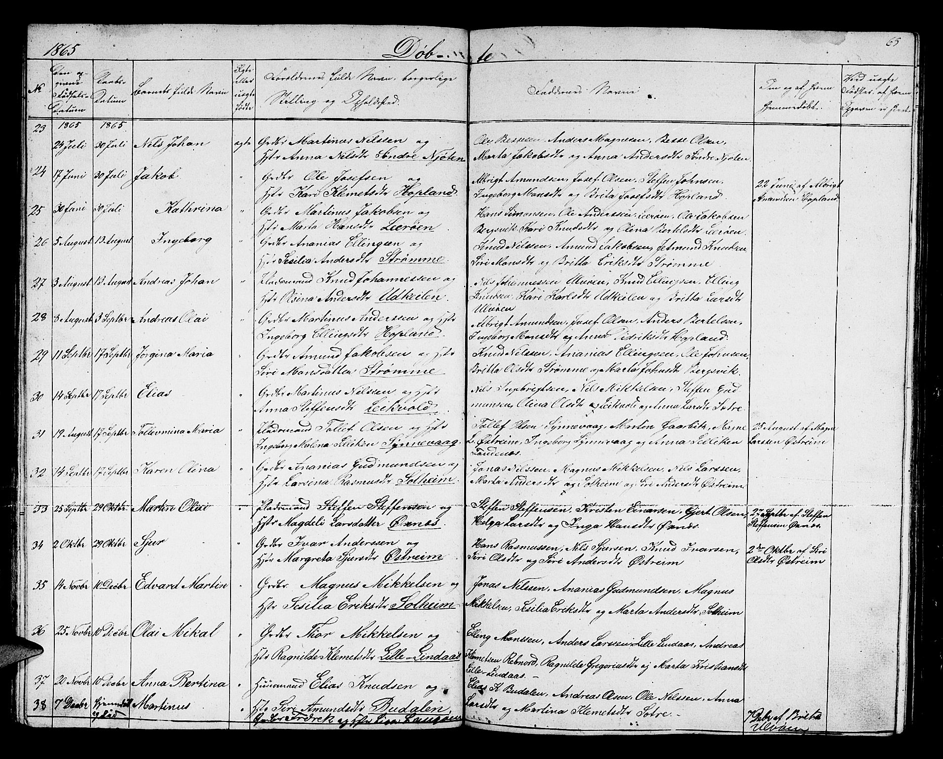 Lindås Sokneprestembete, SAB/A-76701/H/Hab: Parish register (copy) no. C 1, 1853-1867, p. 65