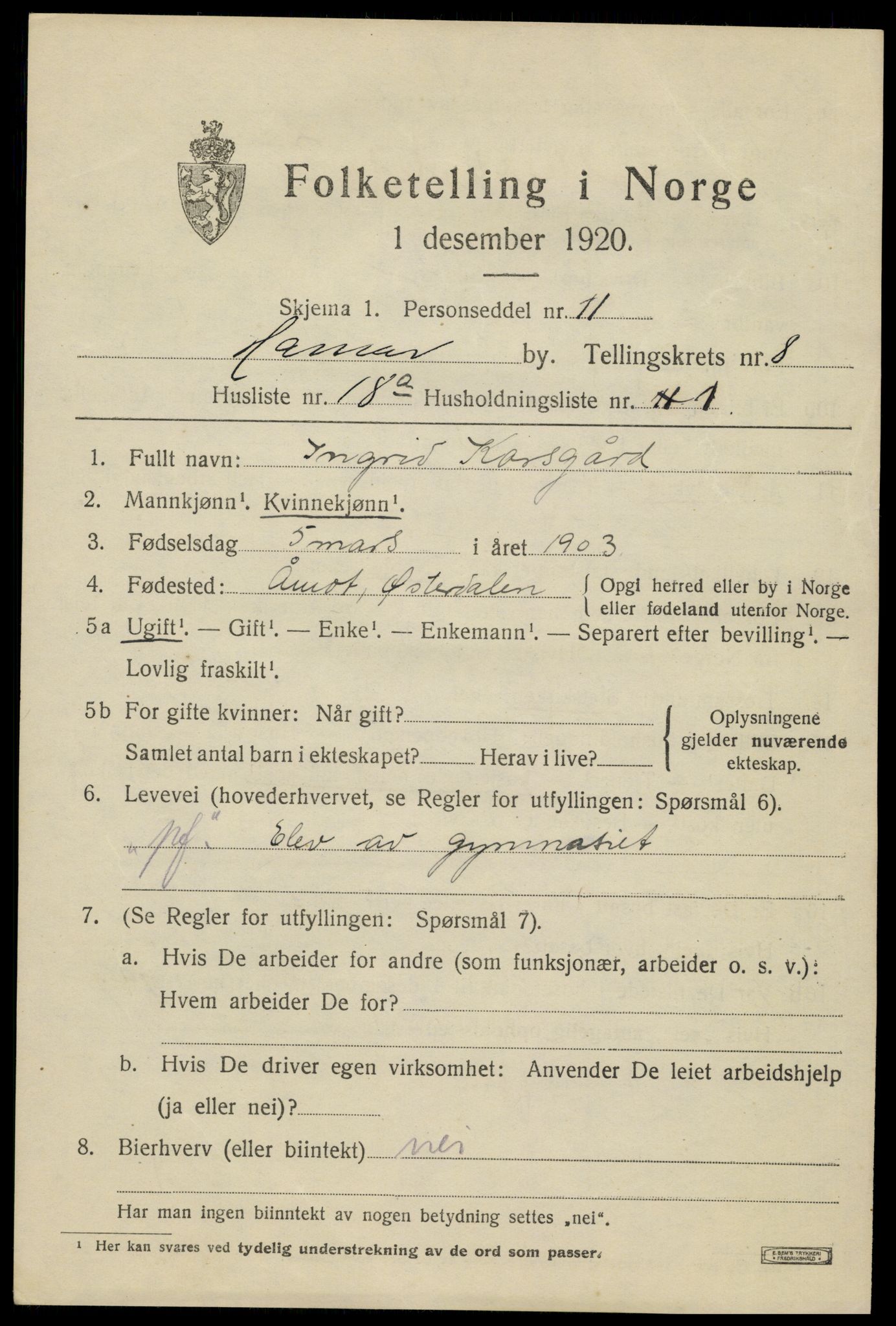 SAH, 1920 census for Hamar, 1920, p. 14911