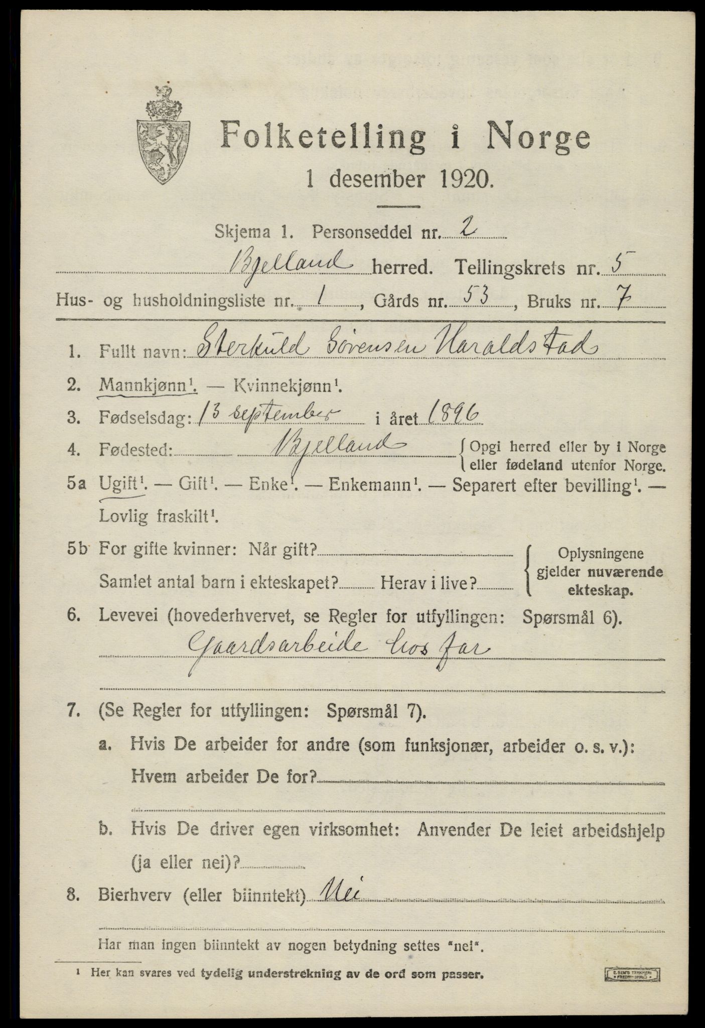 SAK, 1920 census for Bjelland, 1920, p. 1477