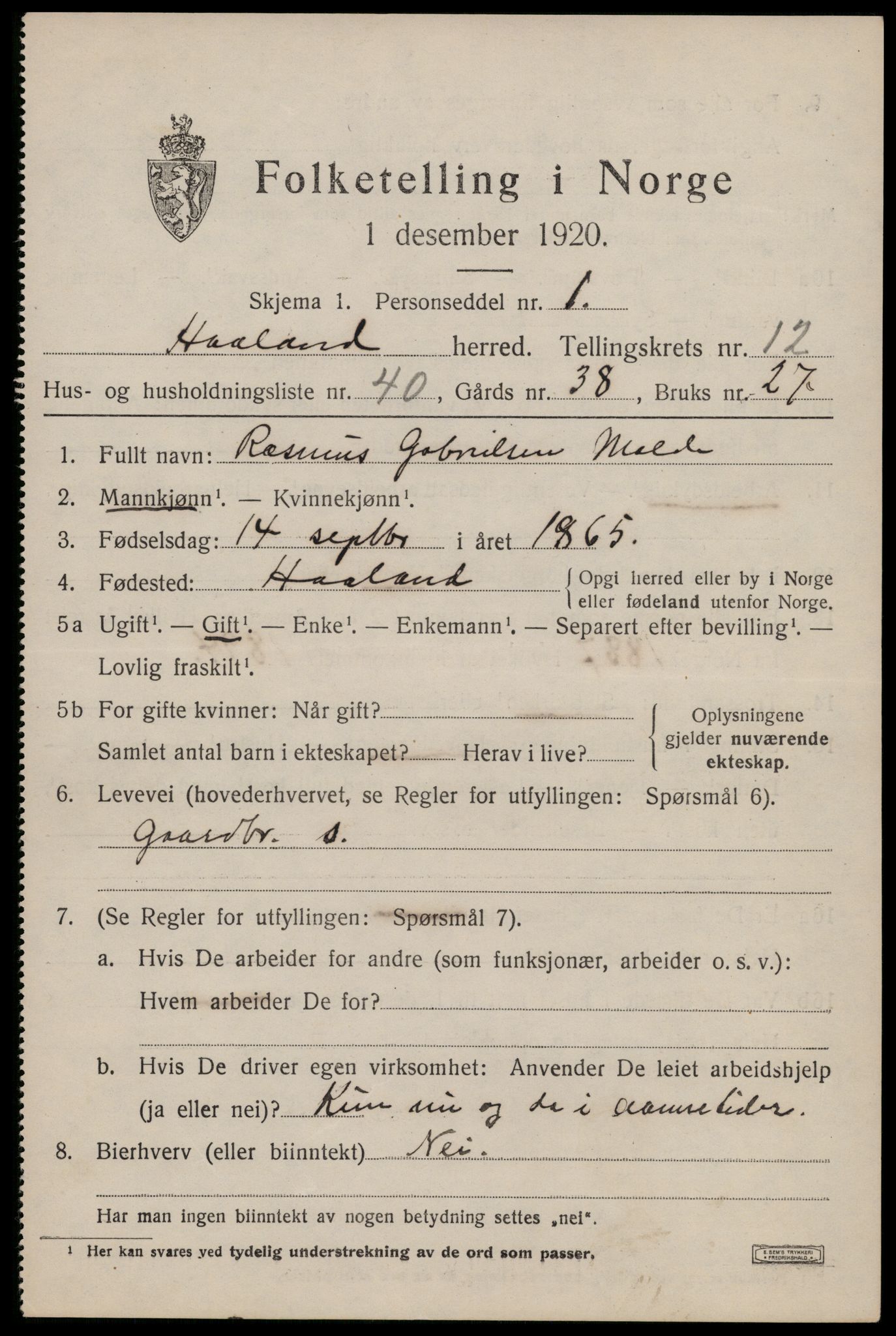 SAST, 1920 census for Håland, 1920, p. 9227