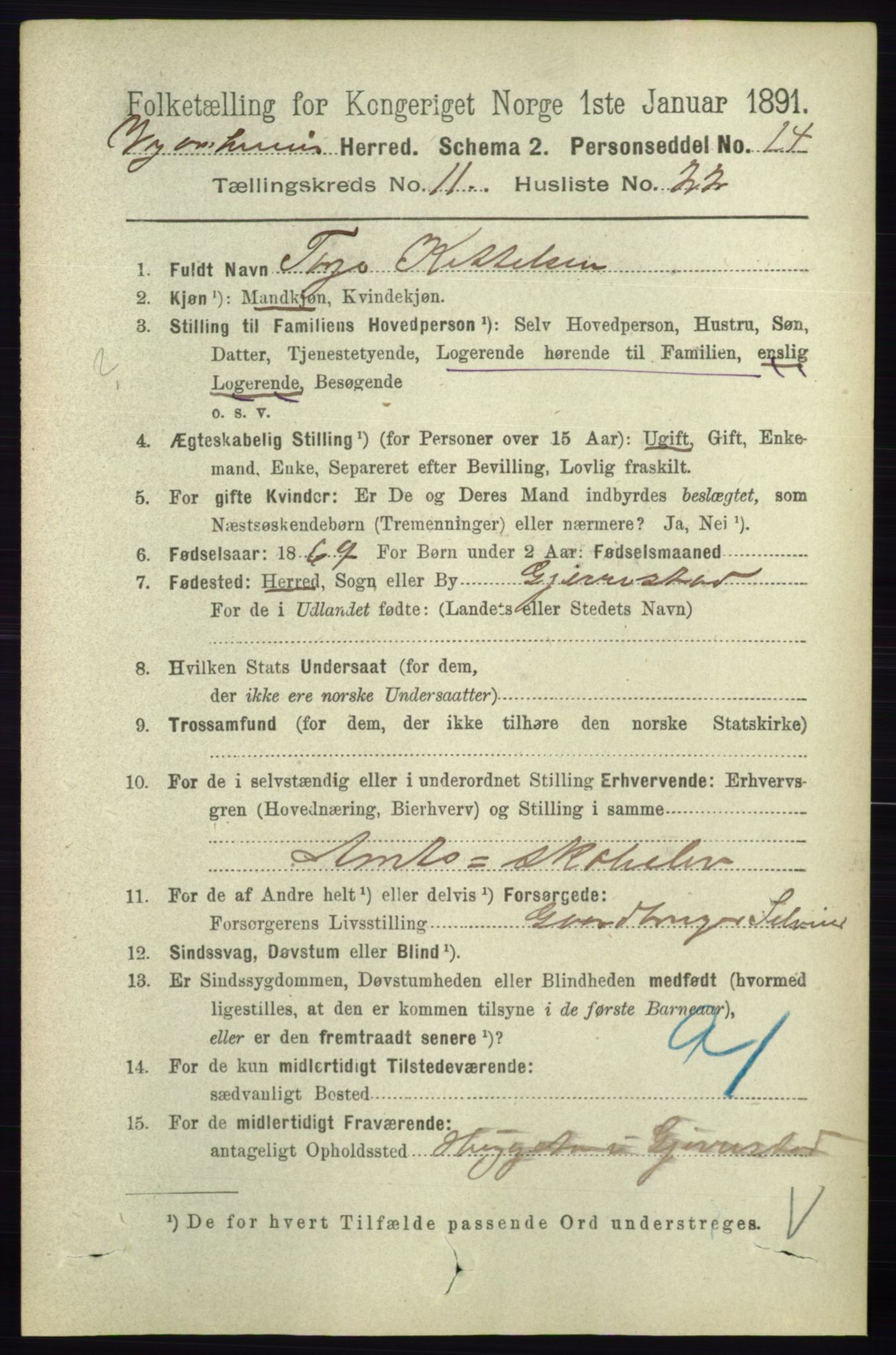 RA, 1891 census for 0912 Vegårshei, 1891, p. 2368
