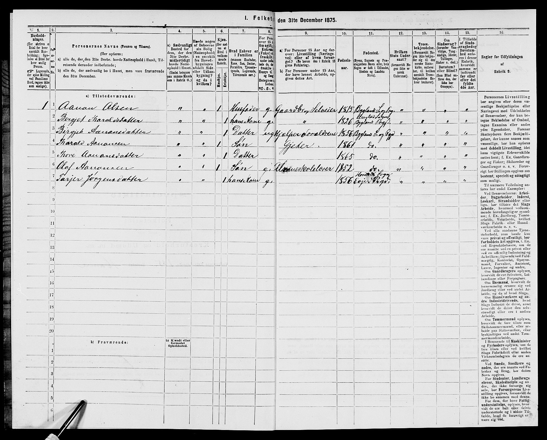 SAK, 1875 census for 0938P Bygland, 1875, p. 458