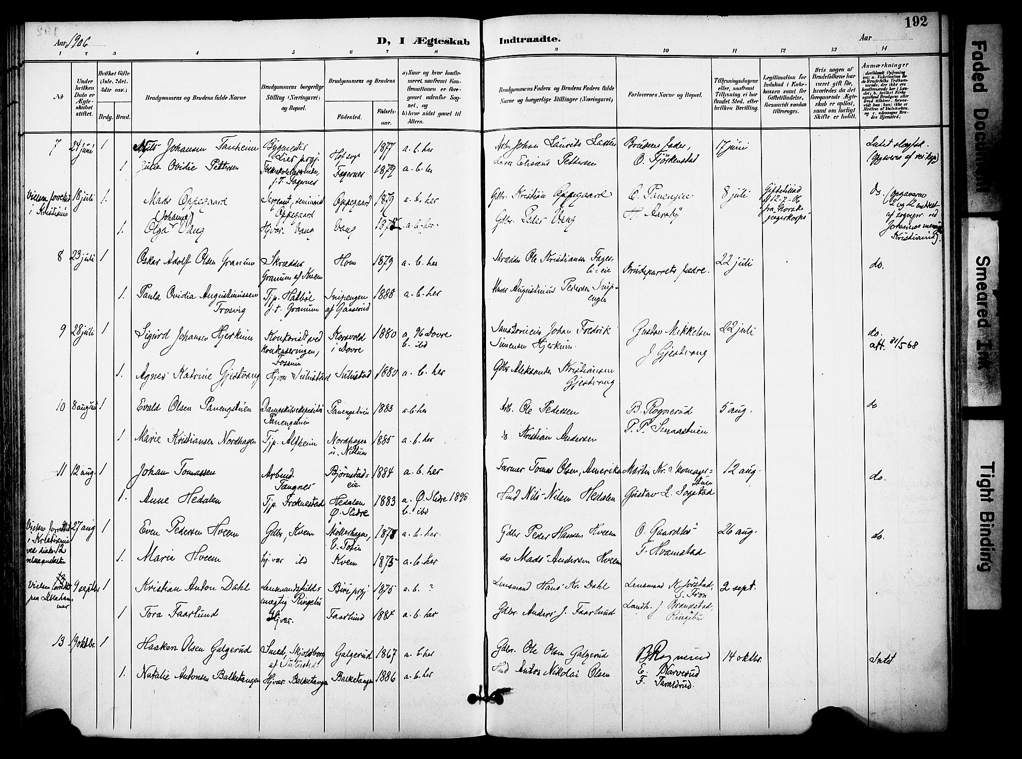 Østre Toten prestekontor, SAH/PREST-104/H/Ha/Haa/L0009: Parish register (official) no. 9, 1897-1913, p. 192