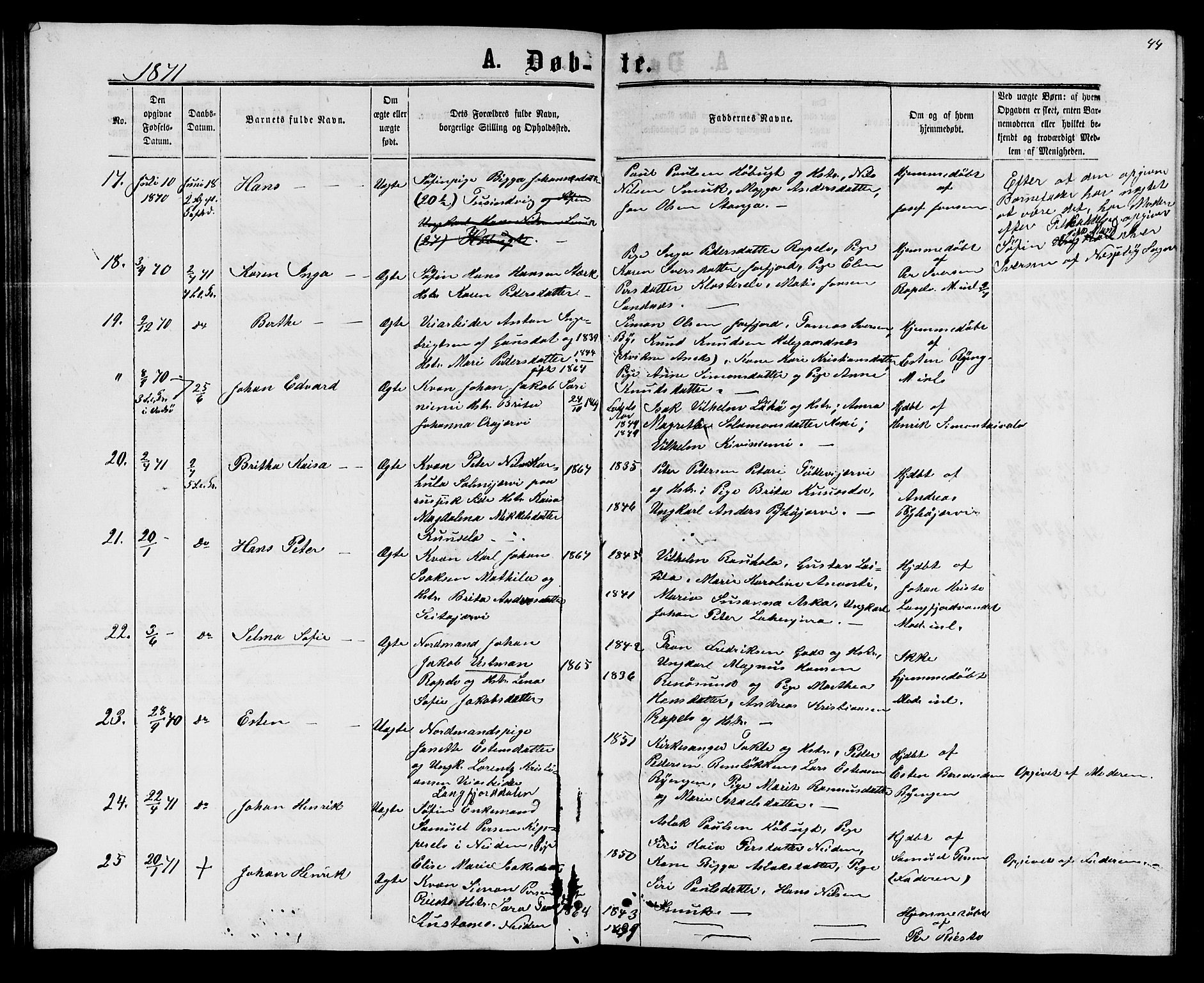 Sør-Varanger sokneprestkontor, AV/SATØ-S-1331/H/Hb/L0001klokker: Parish register (copy) no. 1, 1863-1872, p. 44