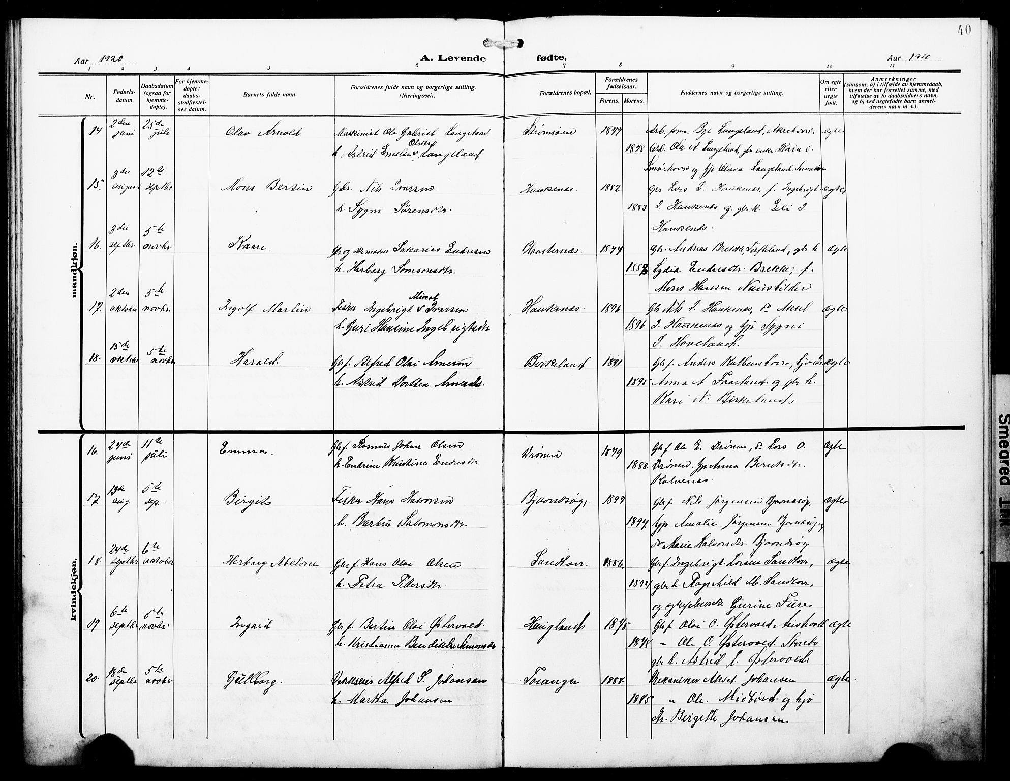 Austevoll Sokneprestembete, SAB/A-74201/H/Hab: Parish register (copy) no. A 5, 1913-1925, p. 40