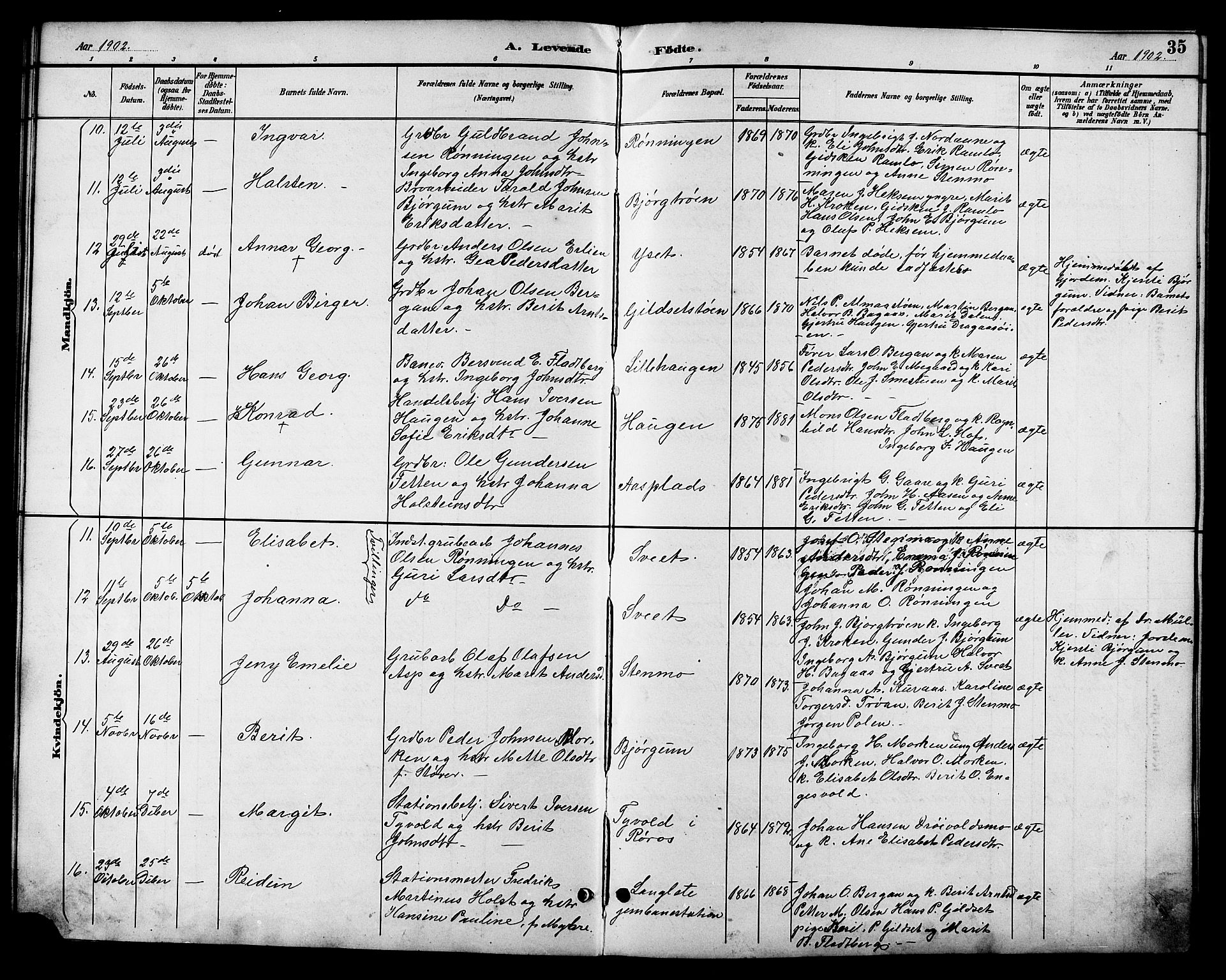 Ministerialprotokoller, klokkerbøker og fødselsregistre - Sør-Trøndelag, AV/SAT-A-1456/685/L0978: Parish register (copy) no. 685C03, 1891-1907, p. 35