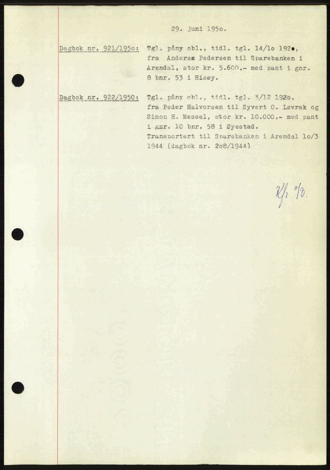 Nedenes sorenskriveri, SAK/1221-0006/G/Gb/Gba/L0062: Mortgage book no. A14, 1949-1950, Diary no: : 921/1950