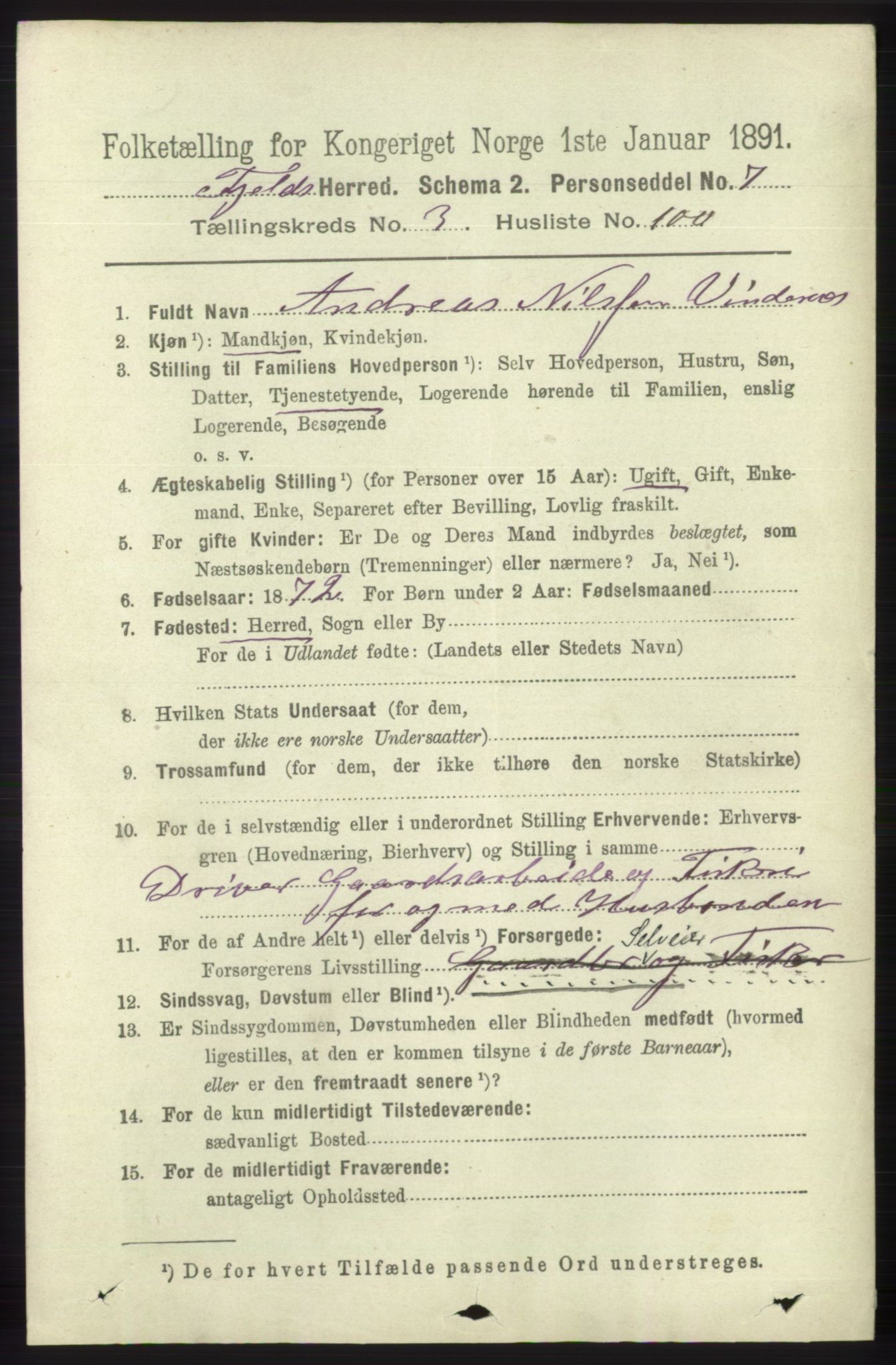 RA, 1891 census for 1246 Fjell, 1891, p. 1951