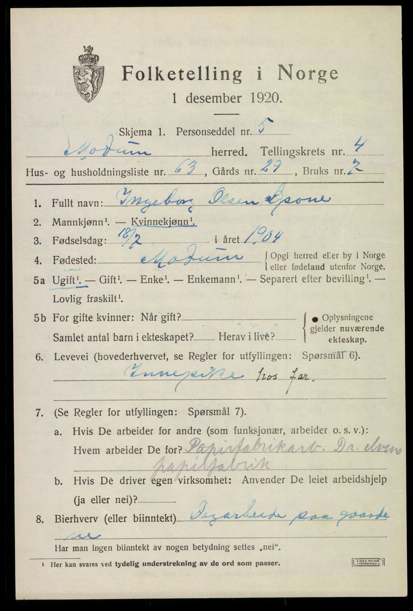 SAKO, 1920 census for Modum, 1920, p. 5943