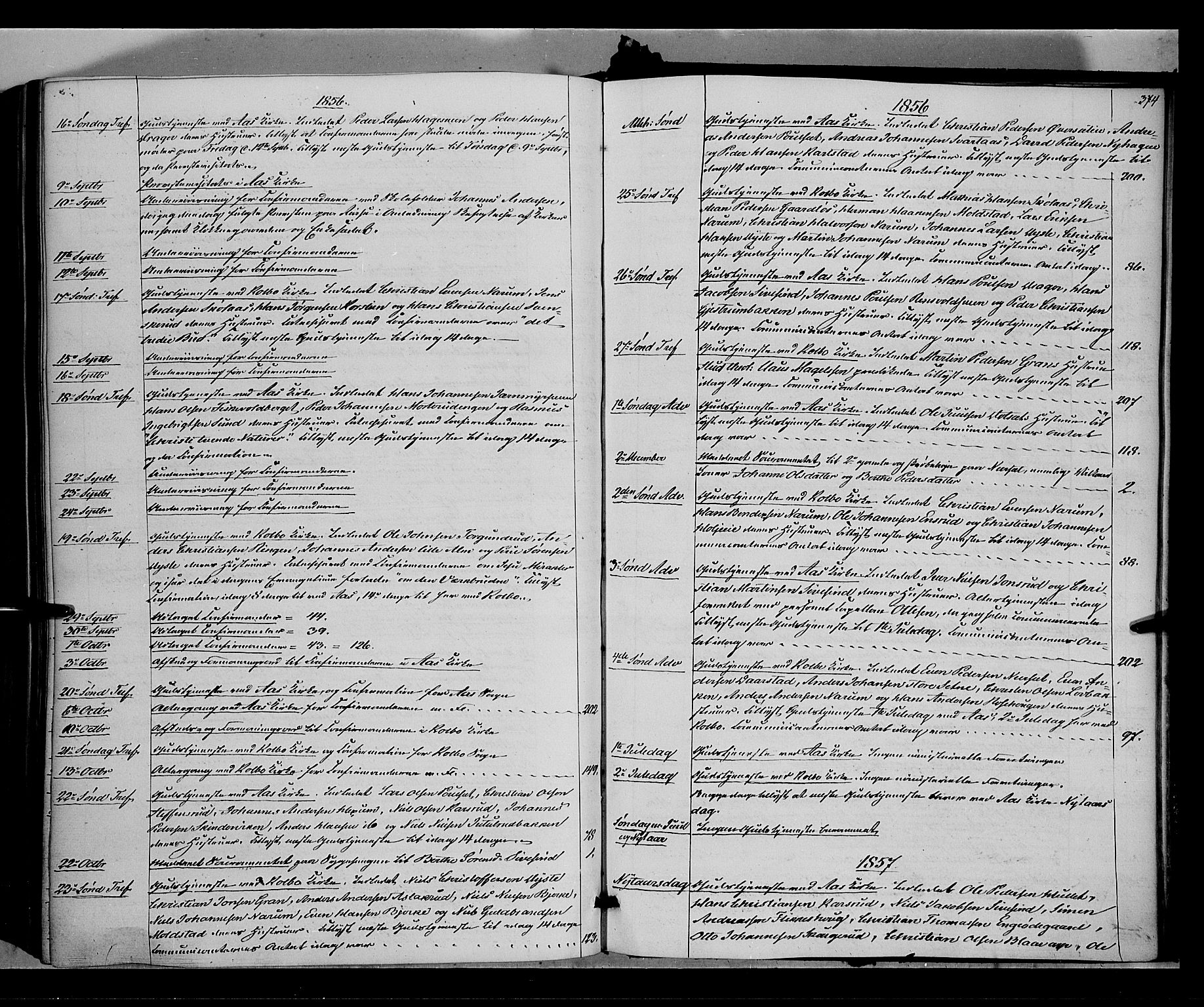 Vestre Toten prestekontor, SAH/PREST-108/H/Ha/Haa/L0006: Parish register (official) no. 6, 1856-1861, p. 374